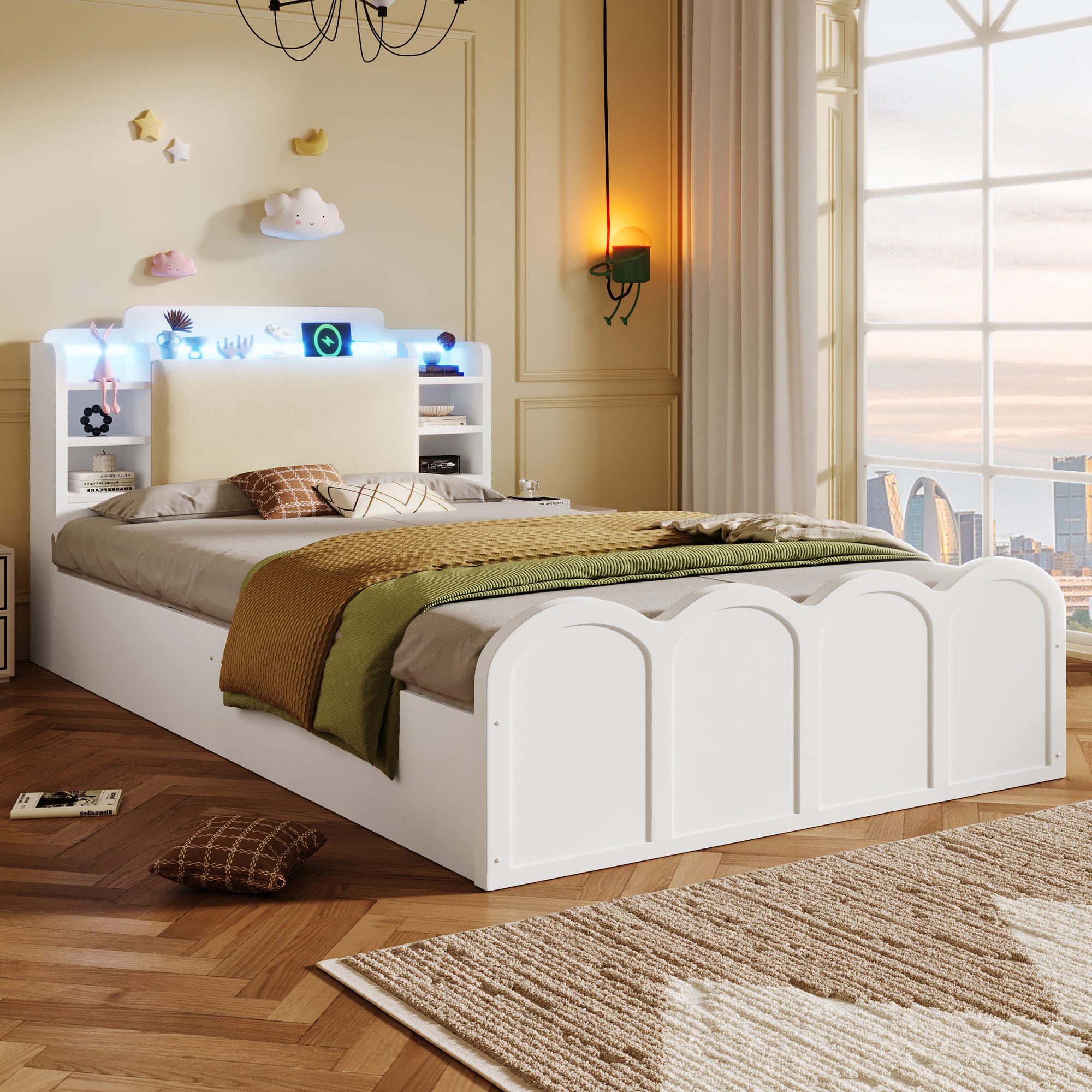 Ulife Hausbett Paneelbett mit USB-C, LED & Hydraulik, Multifunktionale Aufbewahrung, Weiß