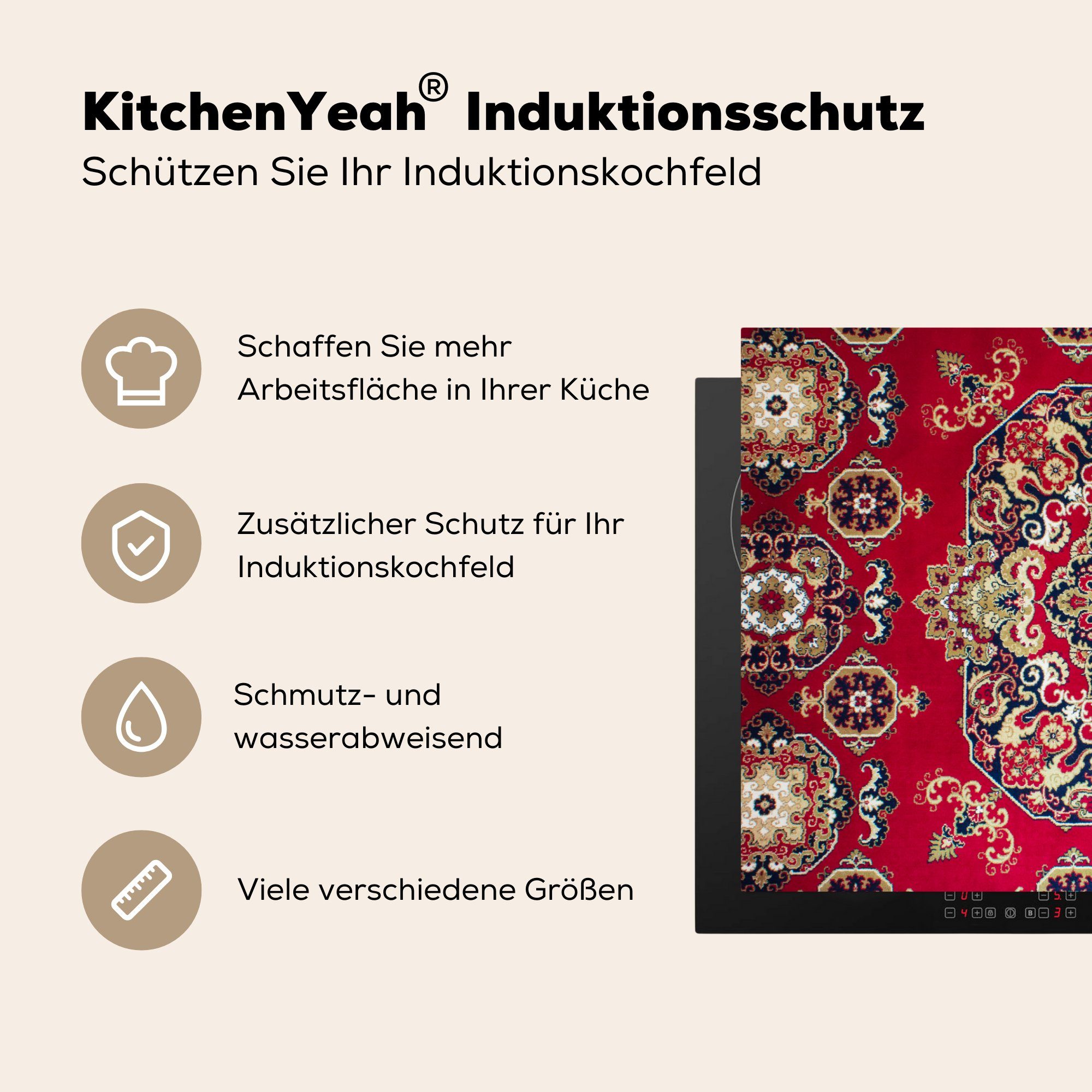 MuchoWow Herdblende-/Abdeckplatte Persische Teppiche tlg), Teppiche cm, Induktionskochfeld Mandala die - (1 Rot, - Ceranfeldabdeckung Schutz 81x52 - Vinyl, küche, für