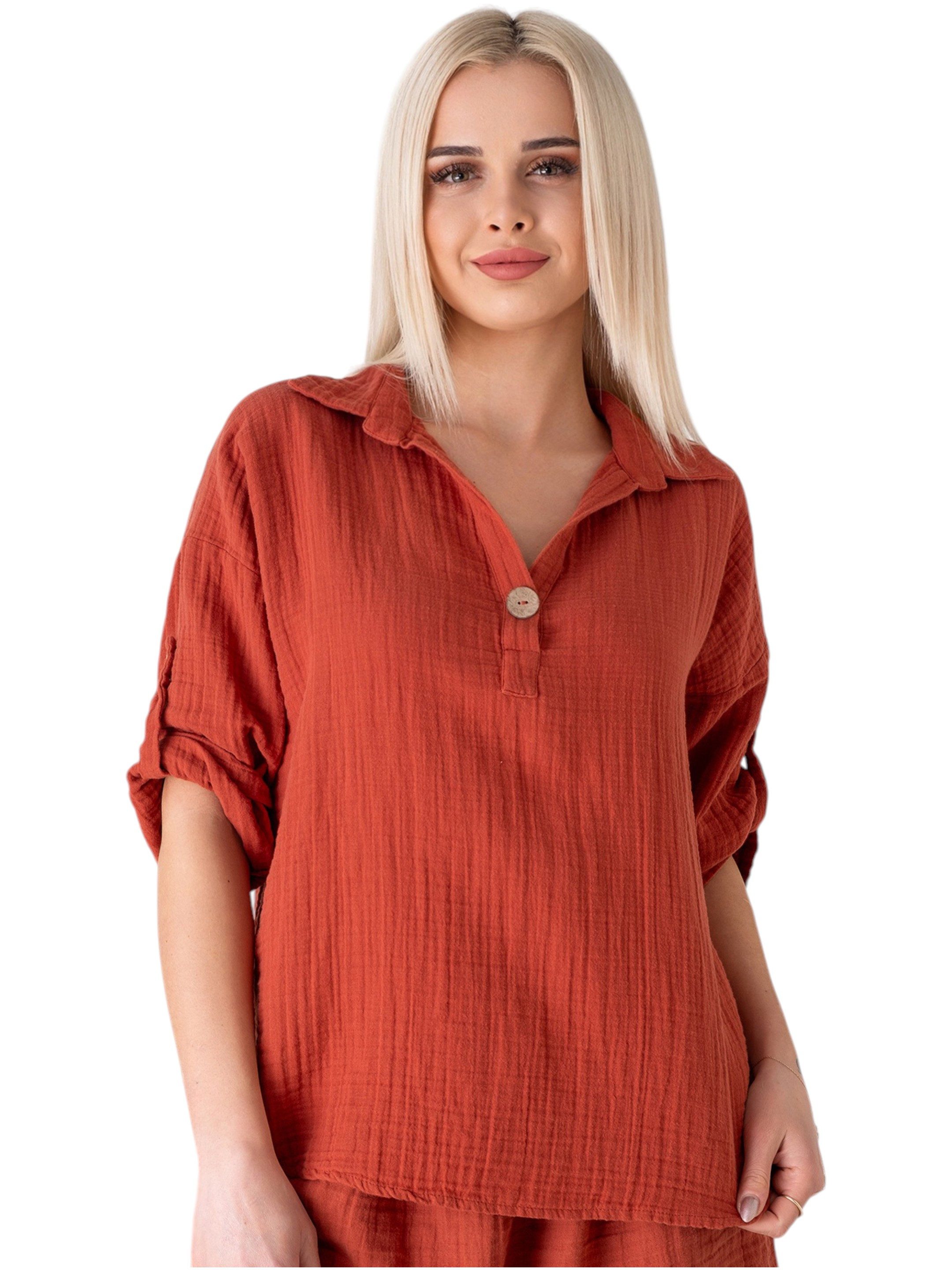 WENOR Schlupfbluse Damen Musselin 100% Baumwolle – Oversize Sommerbluse One Size mit Kokosknopf, Krempelärmel & Seitentaschen – Naturmaterial