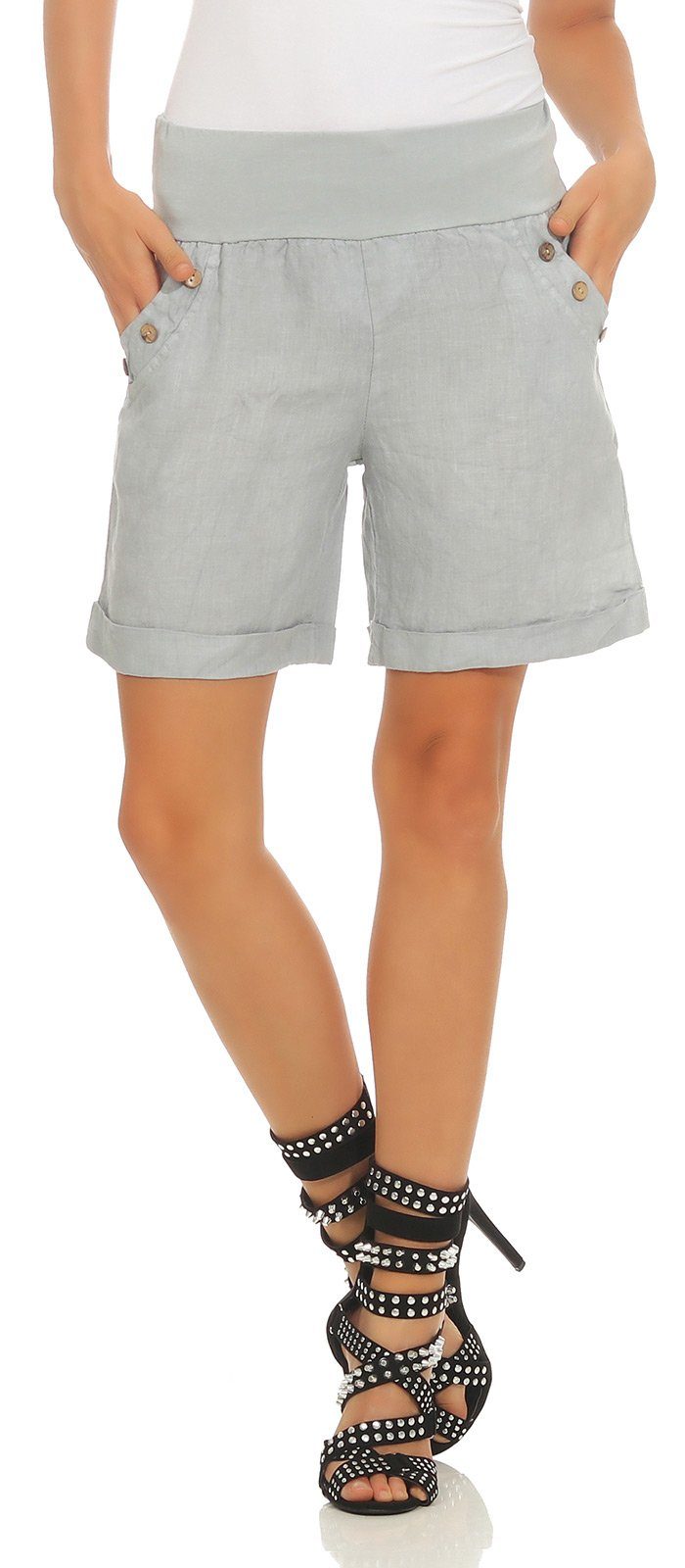 Leinen Shorts Bermuda Bund, Hose Mississhop in 100 elastischem mit Damen 280 Leinenshorts Grau kurze % Leinenhose Unifarbe