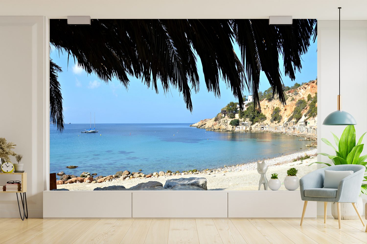 Wohnzimmer, für Das bedruckt, Mittelmeer aus, Matt, Fototapete Strand MuchoWow vom Montagefertig Tapete Vinyl St), Wandtapete (7