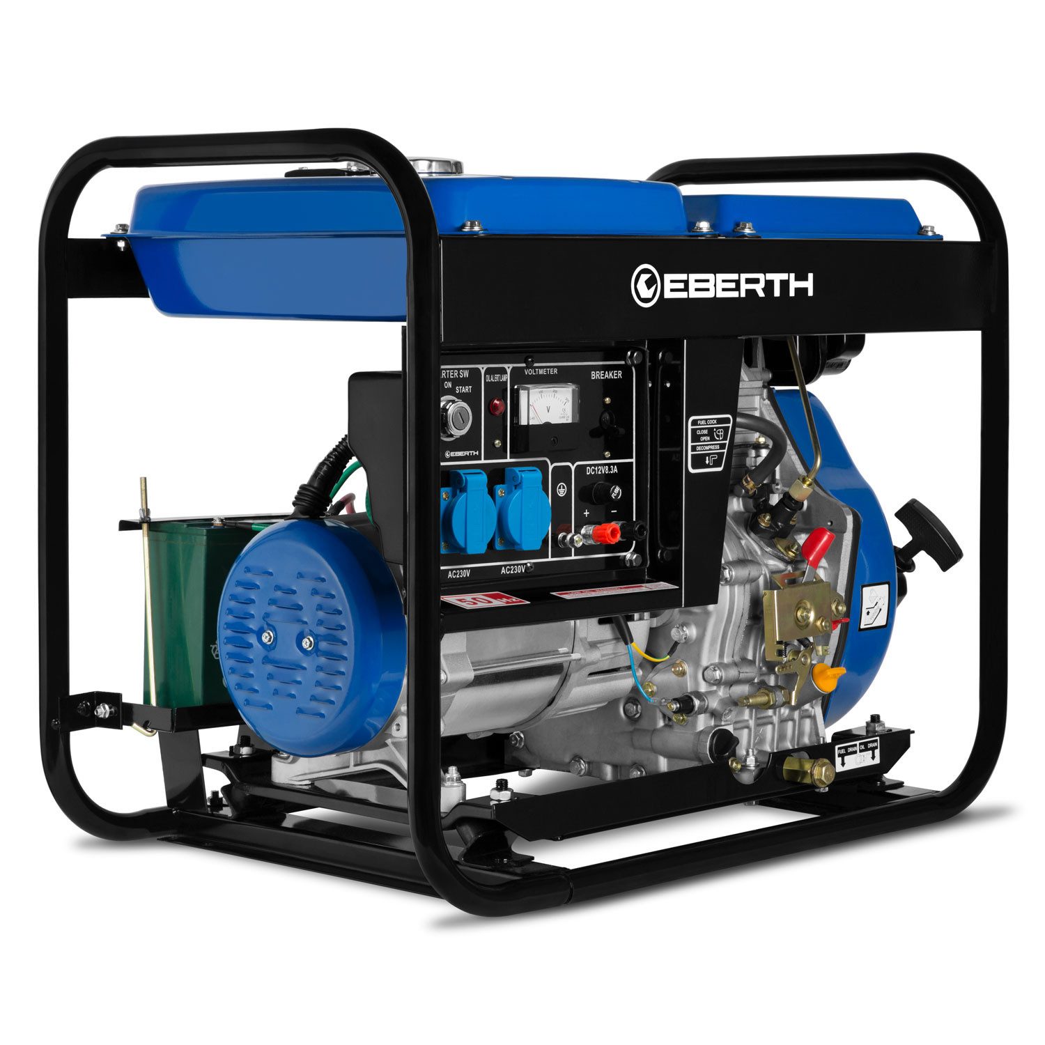 EBERTH Stromerzeuger 5000 Watt Notstromaggregat Diesel,Stromerzeuger Stromaggregat mit 10PS, 5 in kW, 4-Takt, E-Starter, 2X 230V, 1x 12V, Automatischer Voltregler AVR