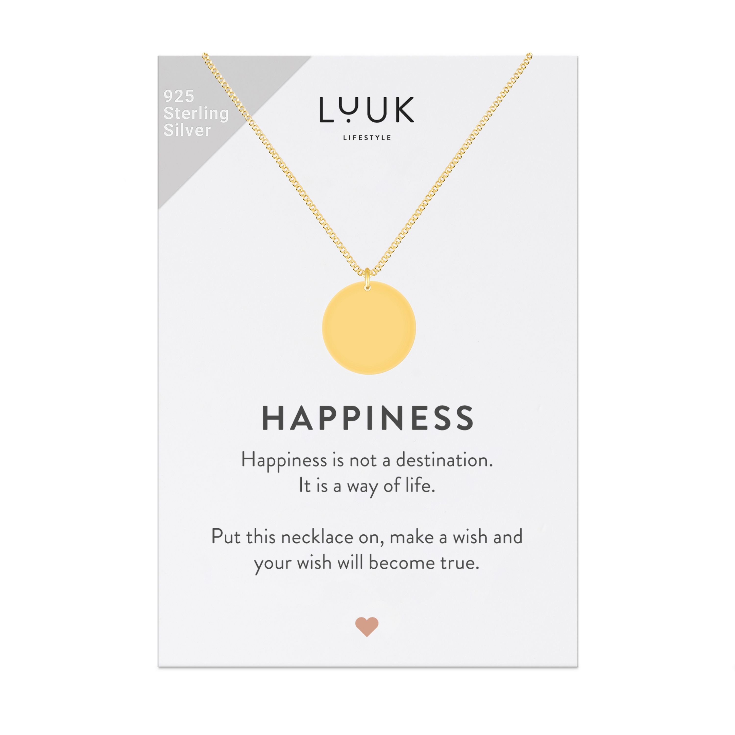 LUUK LIFESTYLE Silberkette Plättchen, Spruchkarte Happiness Gold inklusive