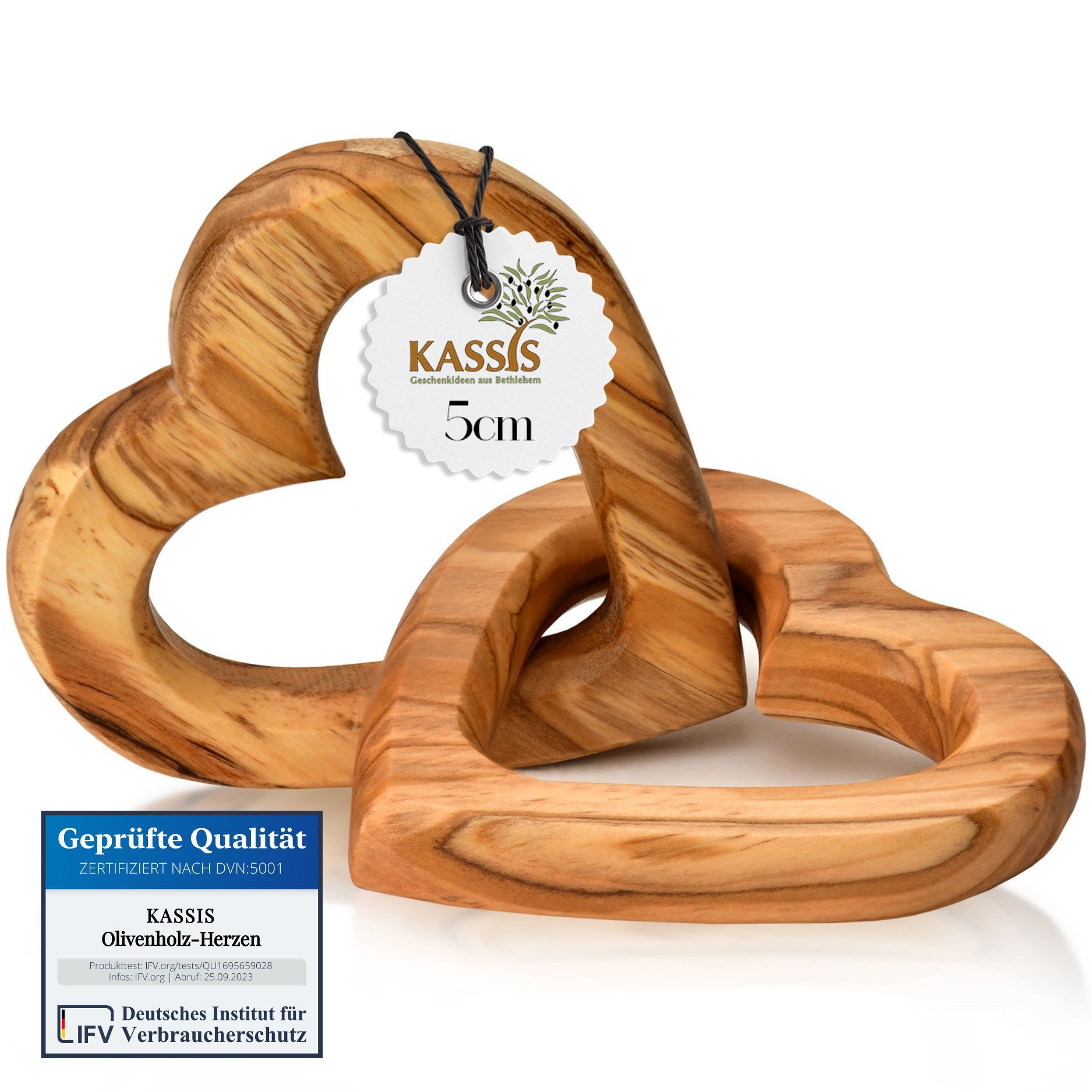 Kassis Dekoobjekt verbundene Herzen aus Olivenholz, handgemacht, Geschenk Valentinstag, Holzdeko, umweltfreundlich, Naturprodukt, aus Bethlehem