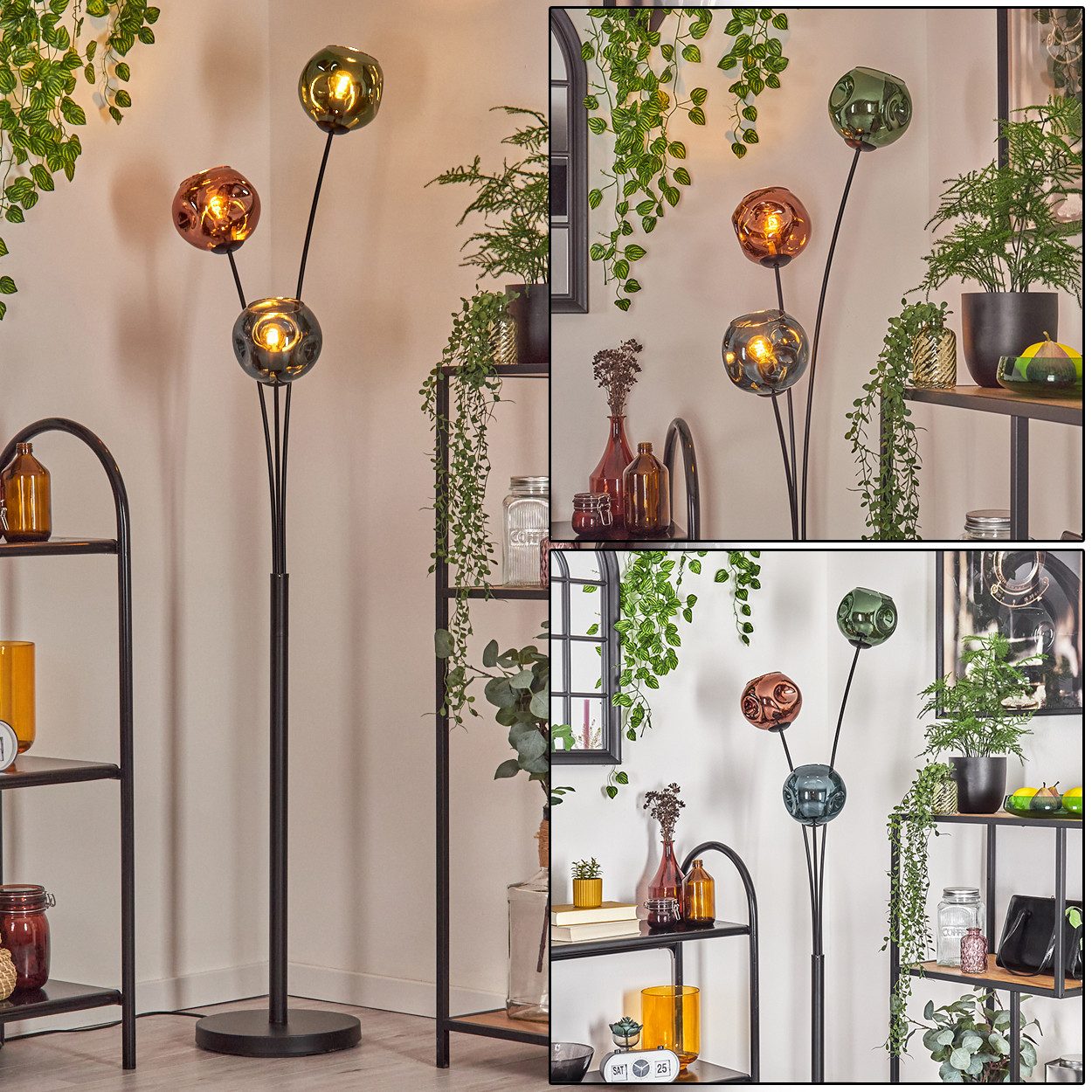 hofstein Stehlampe Stehlampe aus Metall/Glas in Schwarz/Grün/Blau/Kupfer, ohne Leuchtmittel, Leuchte im Vintage-Design mit Glasschirmen (15cm) u. Fußschalter, E14