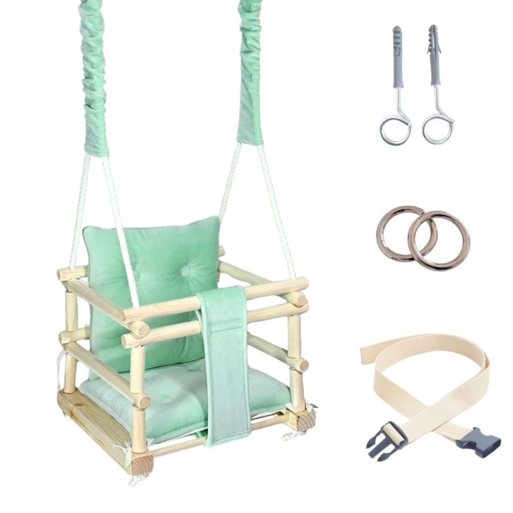 LuMali Babyschaukel Babyschaukel Magic 3in1 Holz Sicherheitsgurt drinnen draußen 34cm, Kinderschaukel Naturholz Kiefer weich verstellbar 10-36 Monate