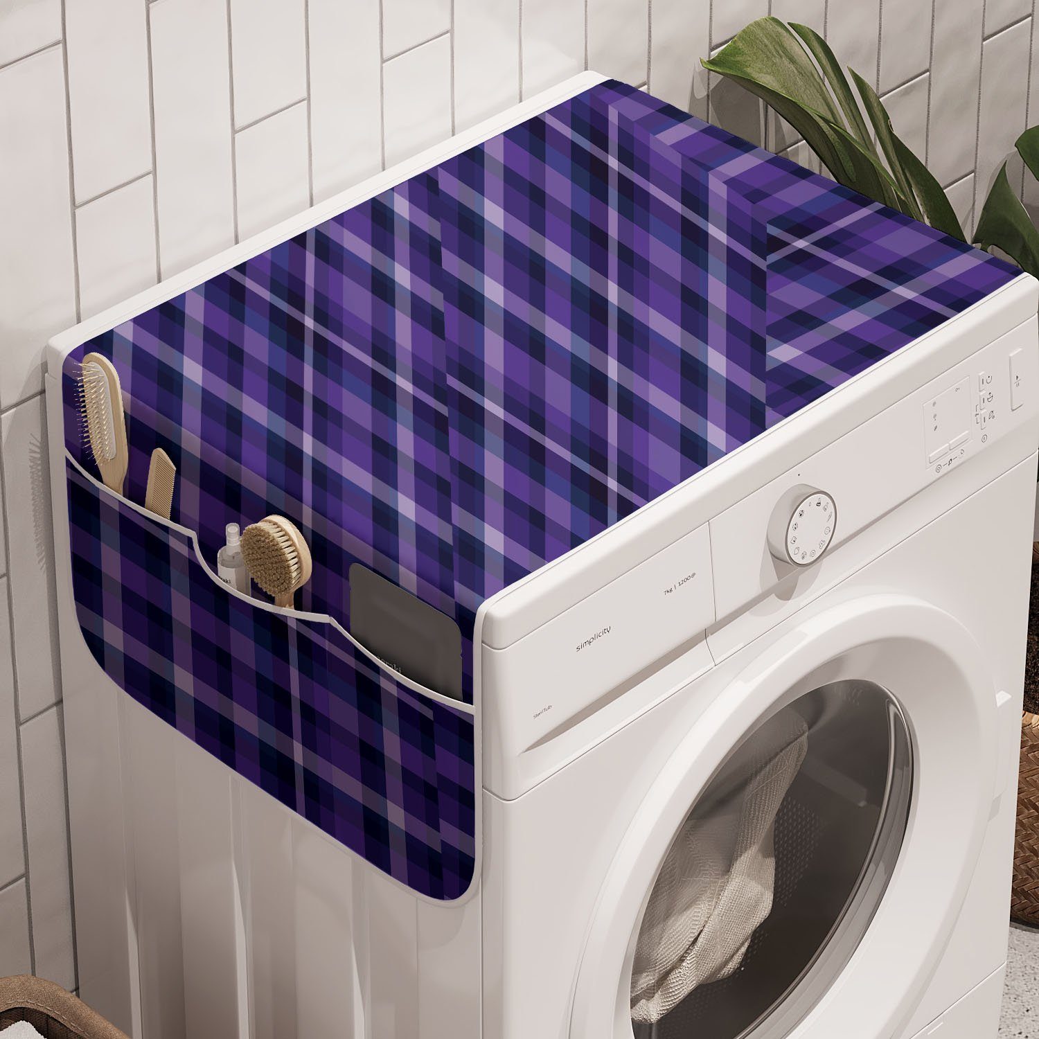 Retro Waschmaschine Violett Druck und Badorganizer Abakuhaus Anti-Rutsch-Stoffabdeckung Trockner, Checkered für