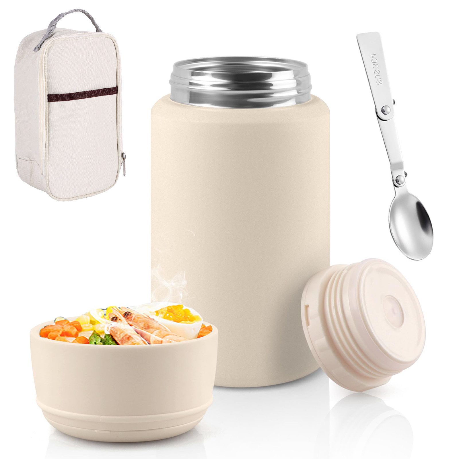BlingBin Термоконтейнеры 800 ml Термоконтейнеры für Essen, Edelstahl Wärmebehälter Lunchbox, Edelstahl, (Auslaufsicherer Essensbehälter, Speisegefäß für unterwegs, 1-tlg., mit Klapplöffel und Tragetasche Thermo), Müslibecher to go,Thermo lunchbox für Gefrierschrank, Spülmaschine