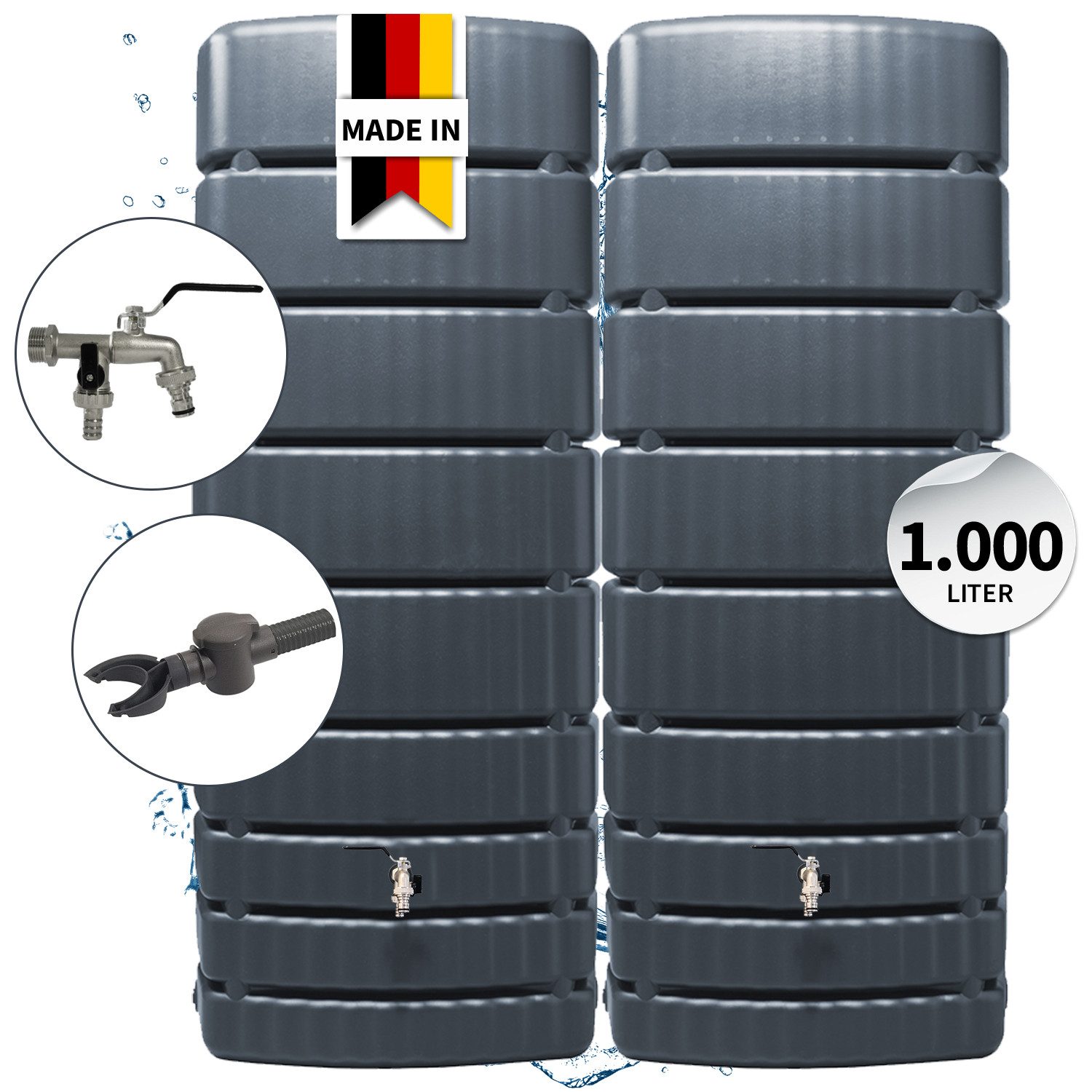 4rain Regentonne SLIM Regentonnen Wandtank-SET Komplett-Set 1000 L, graphite grey, 1000 l
