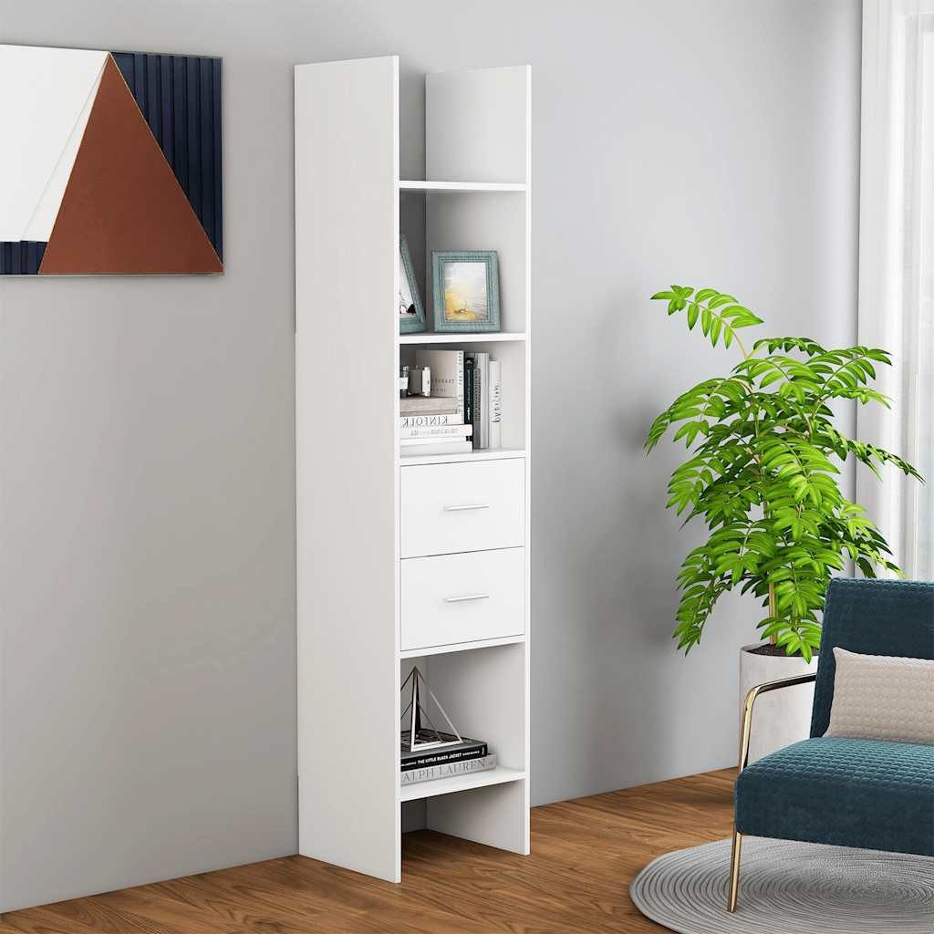 furnicato Bücherregal Weiß 40x35x180 cm Holzwerkstoff, 1-tlg., Bücherschrank mit 4 Fächern und 2 Schubladen für viel Stauraum