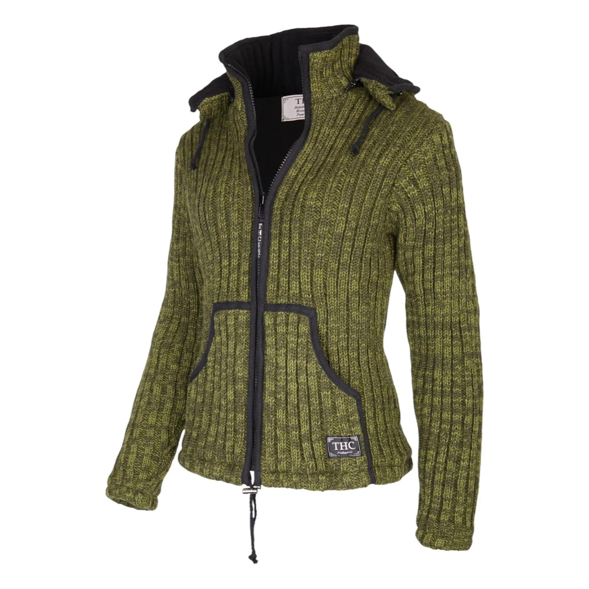 THC Natural Line Strickjacke THC Schafwollstrickjacke grün 720 (1 Stück, 1-tlg., 1 Stüpck) Strickjacke mit abnehmbarer Kapuze