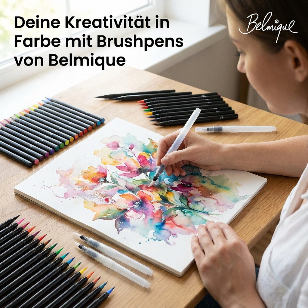 Belmique Aquarellstifte Brush Pens XXL-SET, (INKL. 2 Wassertankpinsel und 24 Blatt Aquarellpapier, 38-tlg., 38 SET), Kalligraphie Stifte, Handlettering