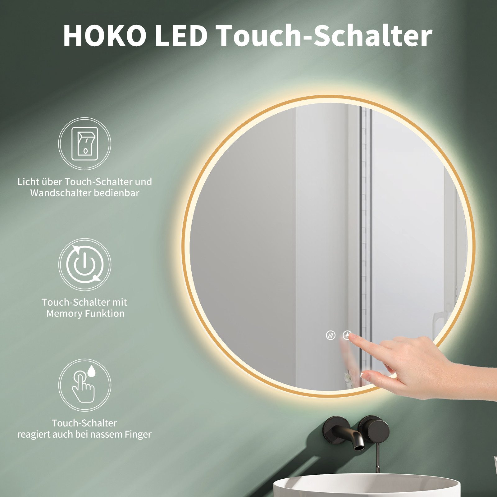 HOKO Badspiegel mit beleuchtung rund Anti-fog 60cm / 80cm+Schwarz / Gold+ (Warmweiß/Kaltweiß/Neutral. Licht mit Touch Schalter und mit Wandschalter einschaltbar. Memory-Funktion. IP44, 5mm HD Glass, Farbtemperatur stufenlos einstellen 2700K-6500K), Energiesparend LED beleuchtet