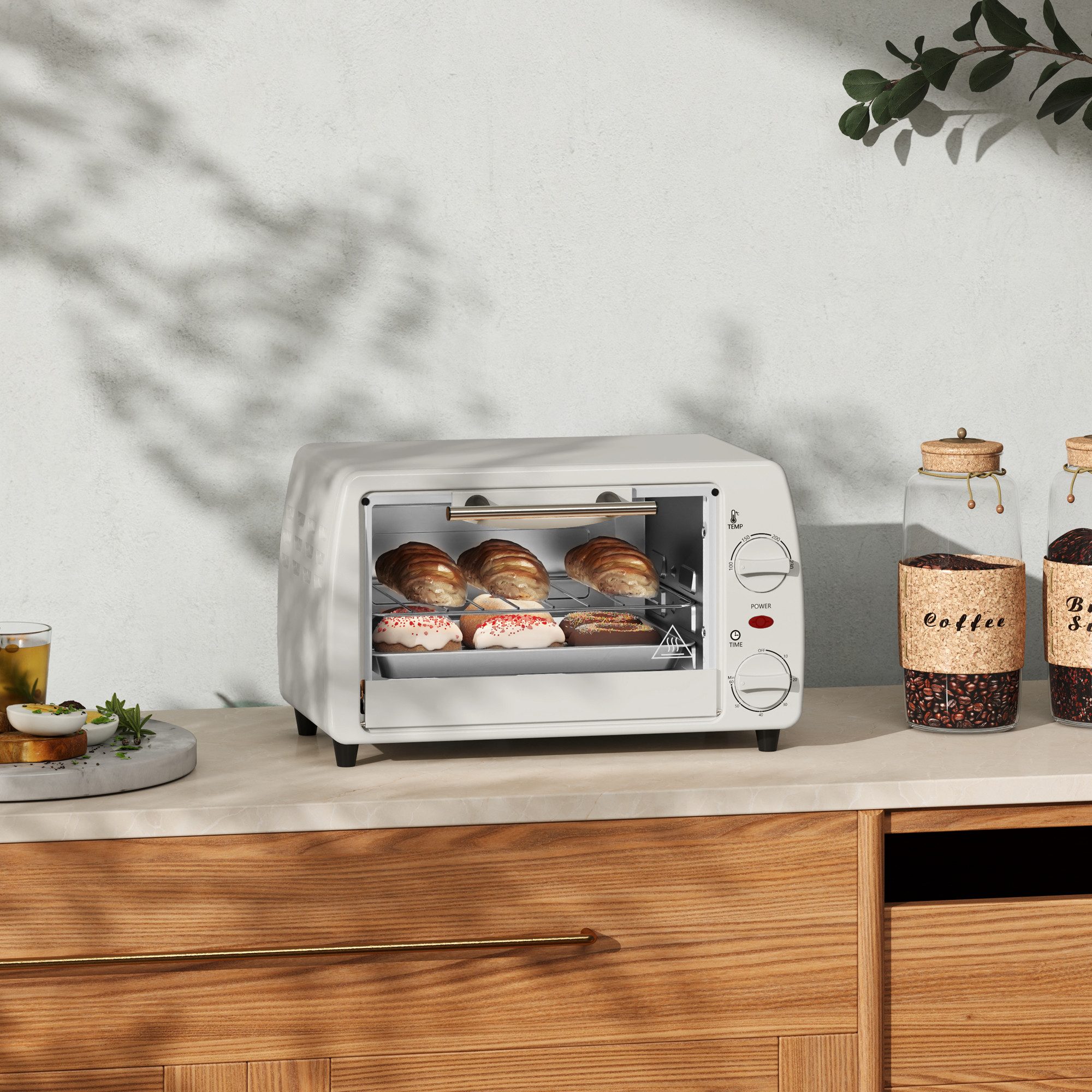 HOMCOM Minibackofen Backofen 10 L 750W 100-230℃ mit Backblech Pizza-Ofen, zum Grillen, Backen, Toasten, Cremeweiß
