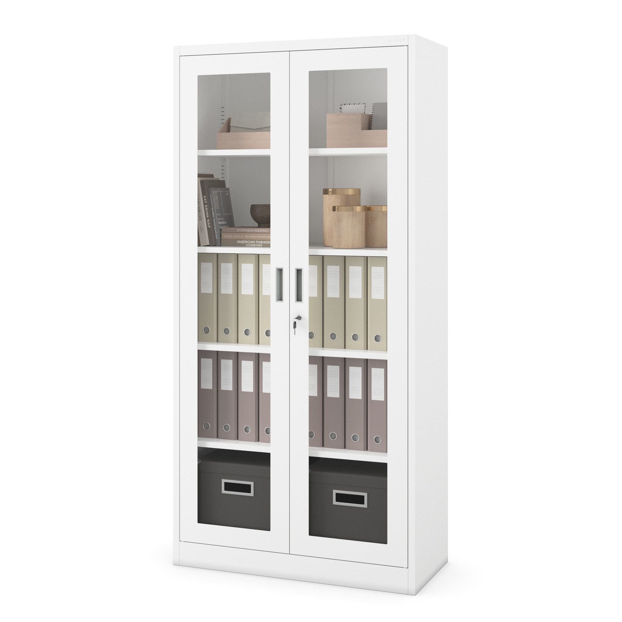 Jan Nowak Vitrine Metall Vitrinenschrank abschließbar 90 cm AMELIA Glasscheiben (Büroschrank Aktenschrank Büro Kanzlei Praxis Sozialraum, Stahl 0,6 mm 185 x 90 x 45 cm Wandmontage 50 Ordner robust) Schloss 2 Schlüssel 4 Böden langlebig 9 Farben