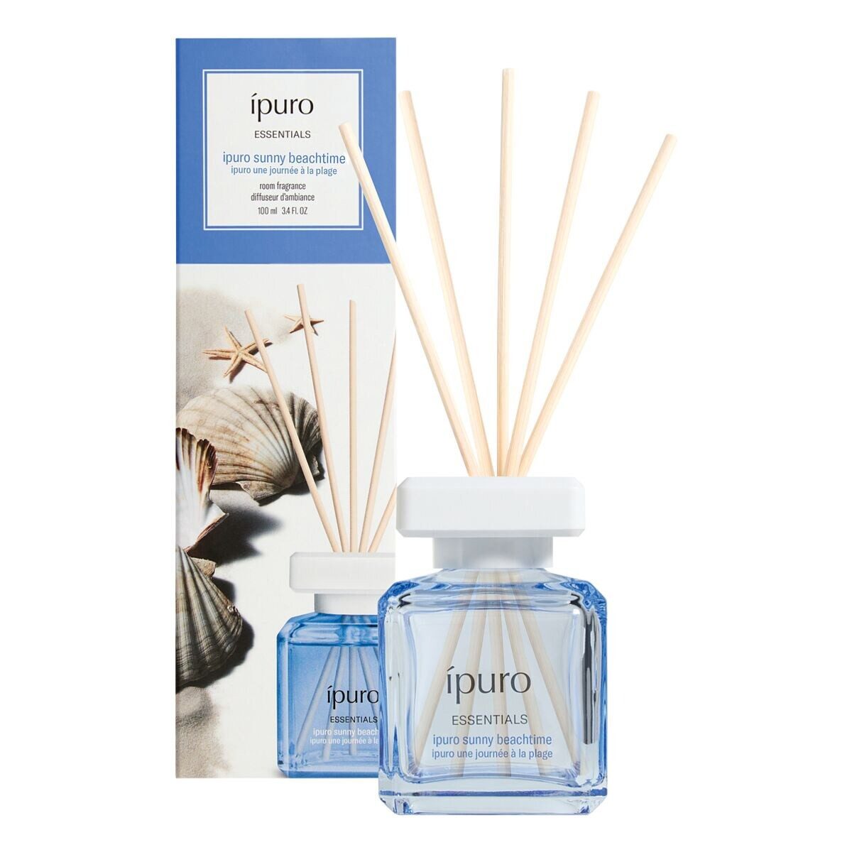 IPURO Raumduft Sunny Beach Time, 100 ml, Glasflakon mit Rattan-Holzstäbchen