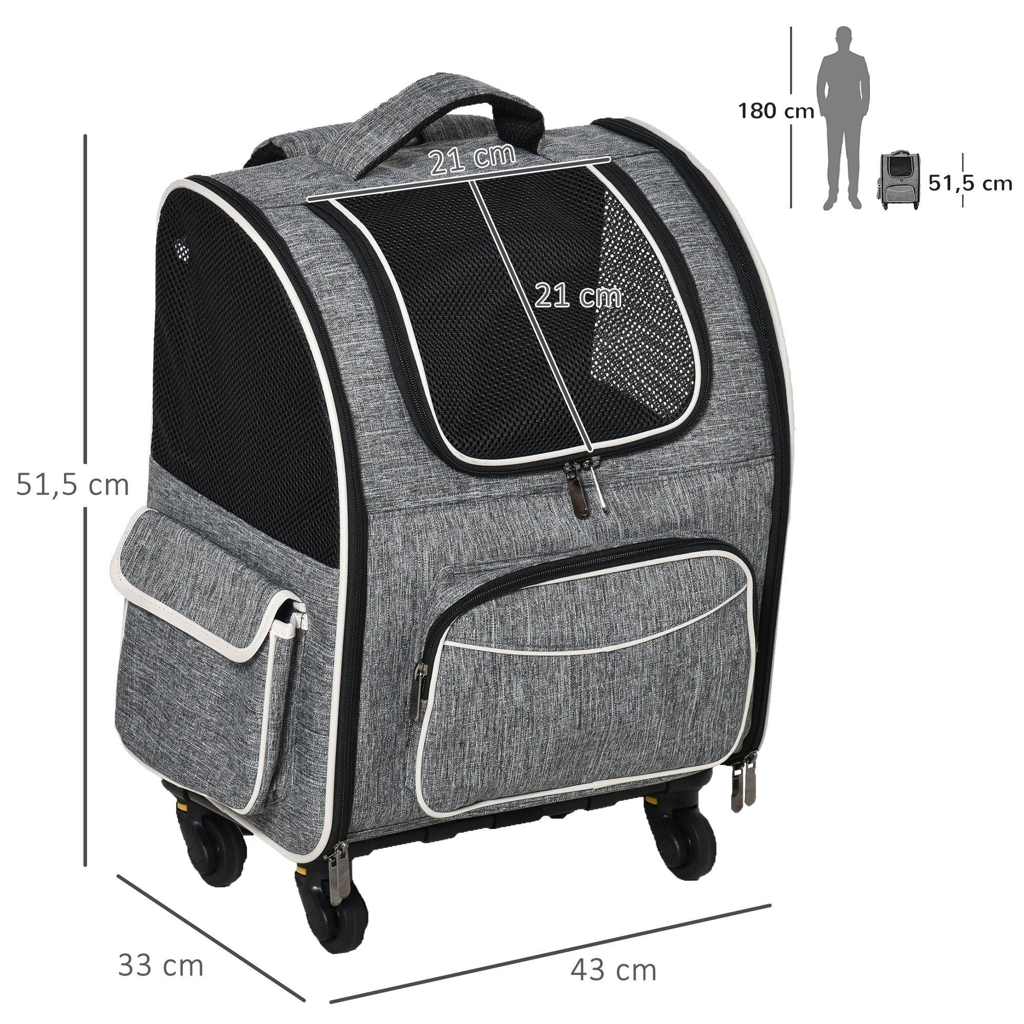 PawHut Tiertransportbox Transporttasche Trolley für Hund und Katzen bis 10 kg, Oxfordstoff Grau 43 x 33 x 51,5 cm