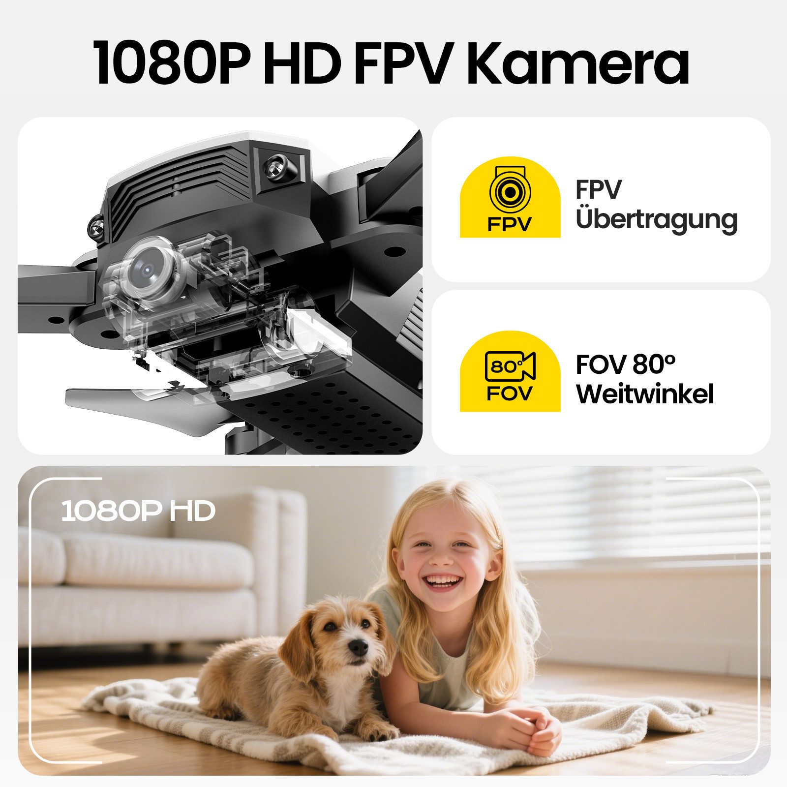 DEERC Mini, mit 1080P Kamera für Kinder, optischem Fluss, faltbar Drohne (FPV-Übertragung & Smarte Steuerung, bis 20min Flugzeit) silberfarben