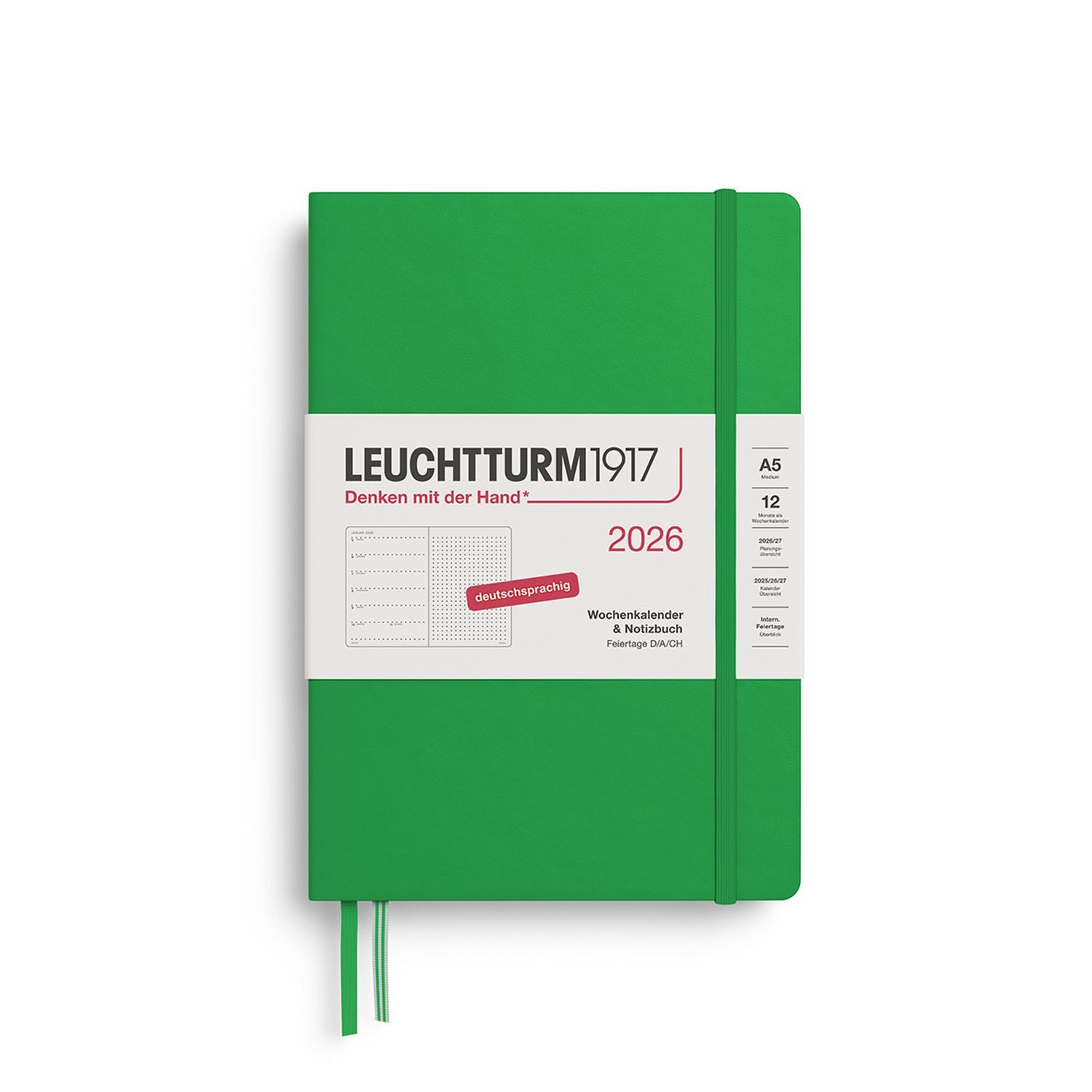 Leuchtturm1917 Taschenkalender Wochenkalender 2026 & Notizbuch Dotted Medium A5 Hardcover Spring Leaf