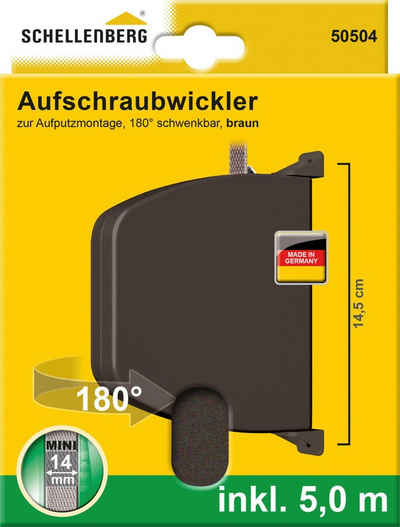SCHELLENBERG Aufputz-Gurtwickler Aufschraubwickler Mini, Gurtbreite 14 mm, 1-tlg., schwenkbar, mit vormontiertem Rolladengurtband, braun