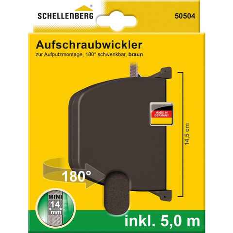 SCHELLENBERG Aufputz-Gurtwickler Aufschraubwickler Mini, Gurtbreite 14 mm, 1-tlg., schwenkbar, mit vormontiertem Rolladengurtband, braun