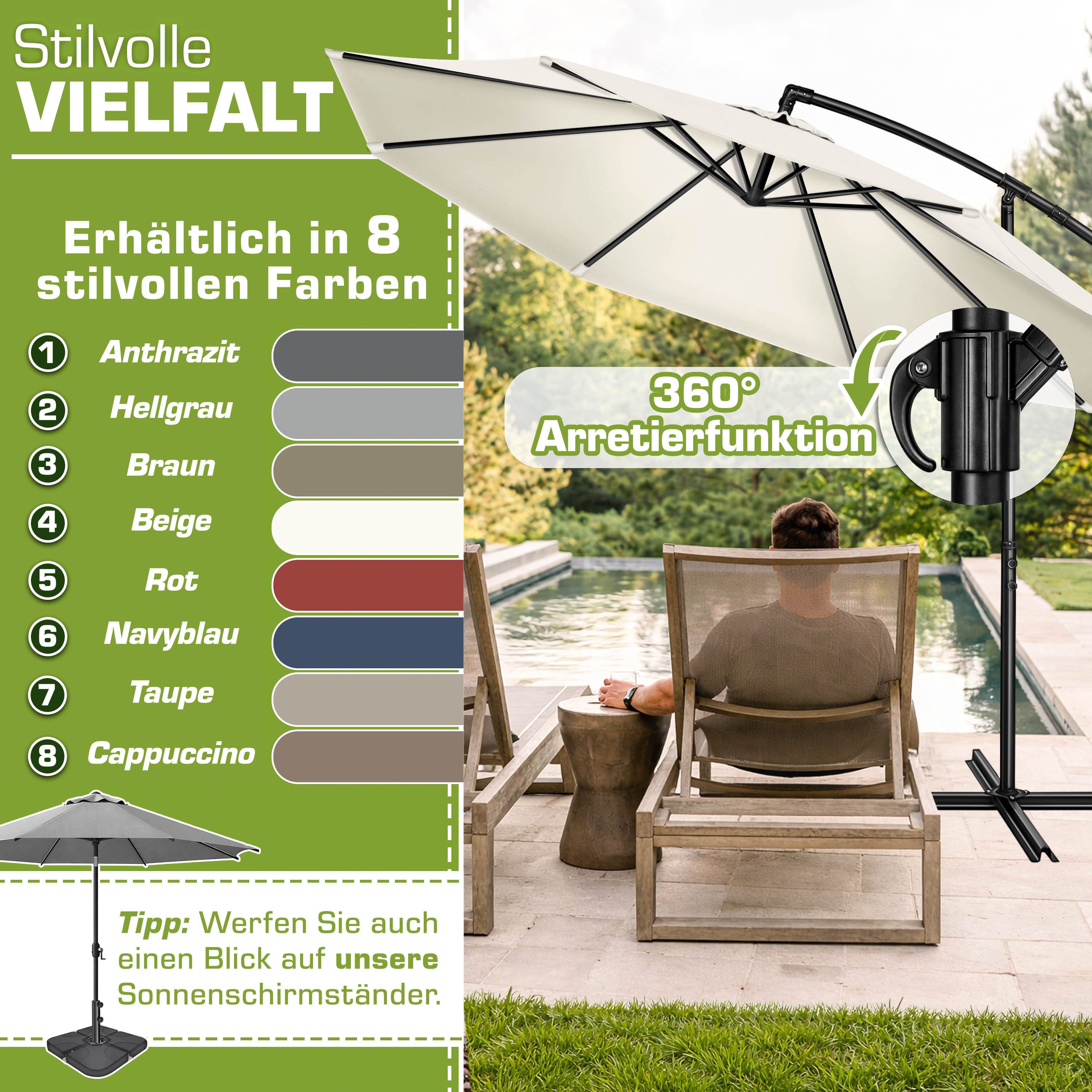 tillvex Sonnenschirm 300-350 cm Kurbel Ampelschirm mit Ständer, Abdeckung & Windsicherung, Gartenschirm UV-Schutz Aluminium – Bild 5 von 5