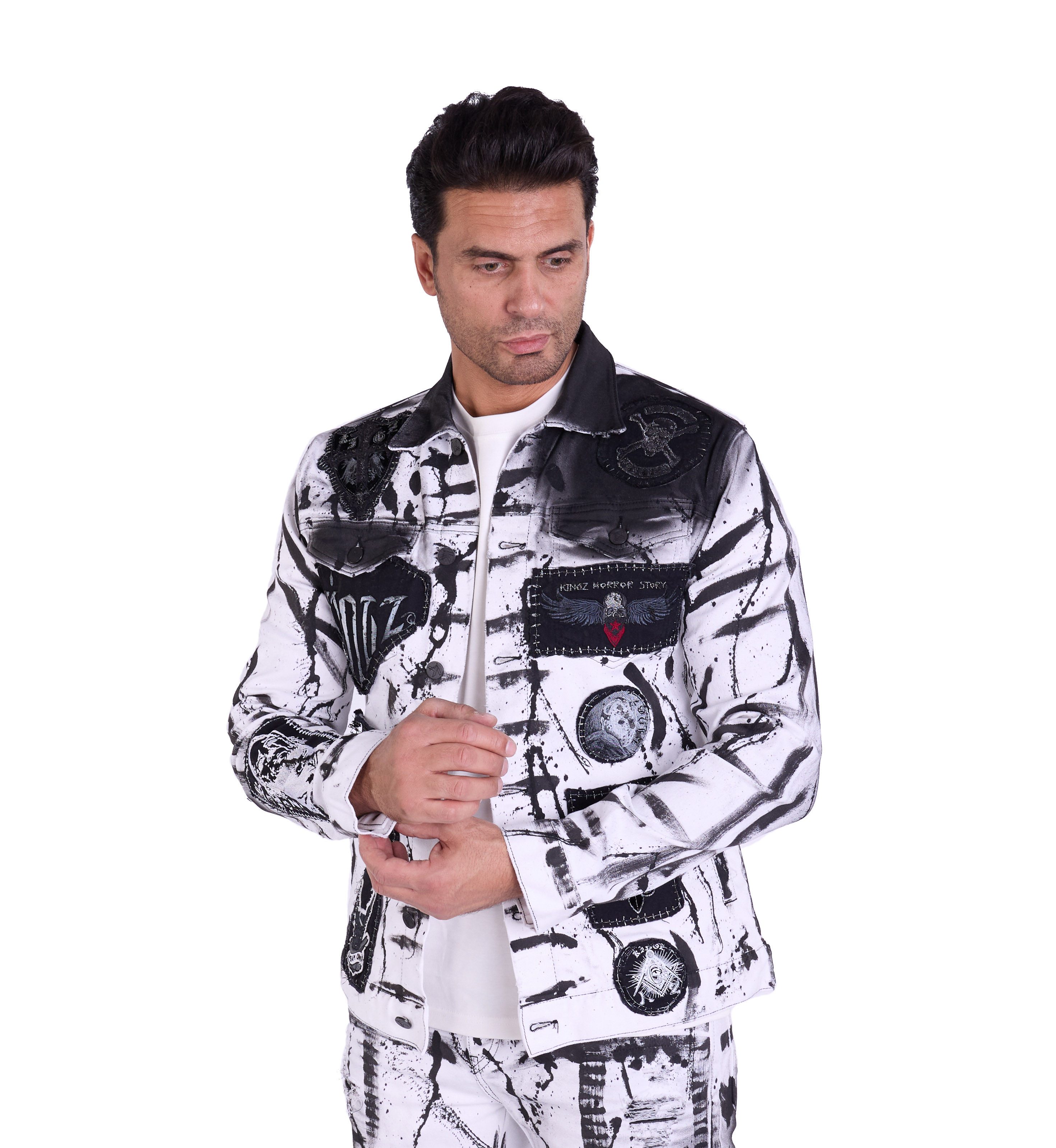 KINGZ Jeansjacke Herren Designer Jeansjacke im Batik-Look Batik Waschung günstig online kaufen