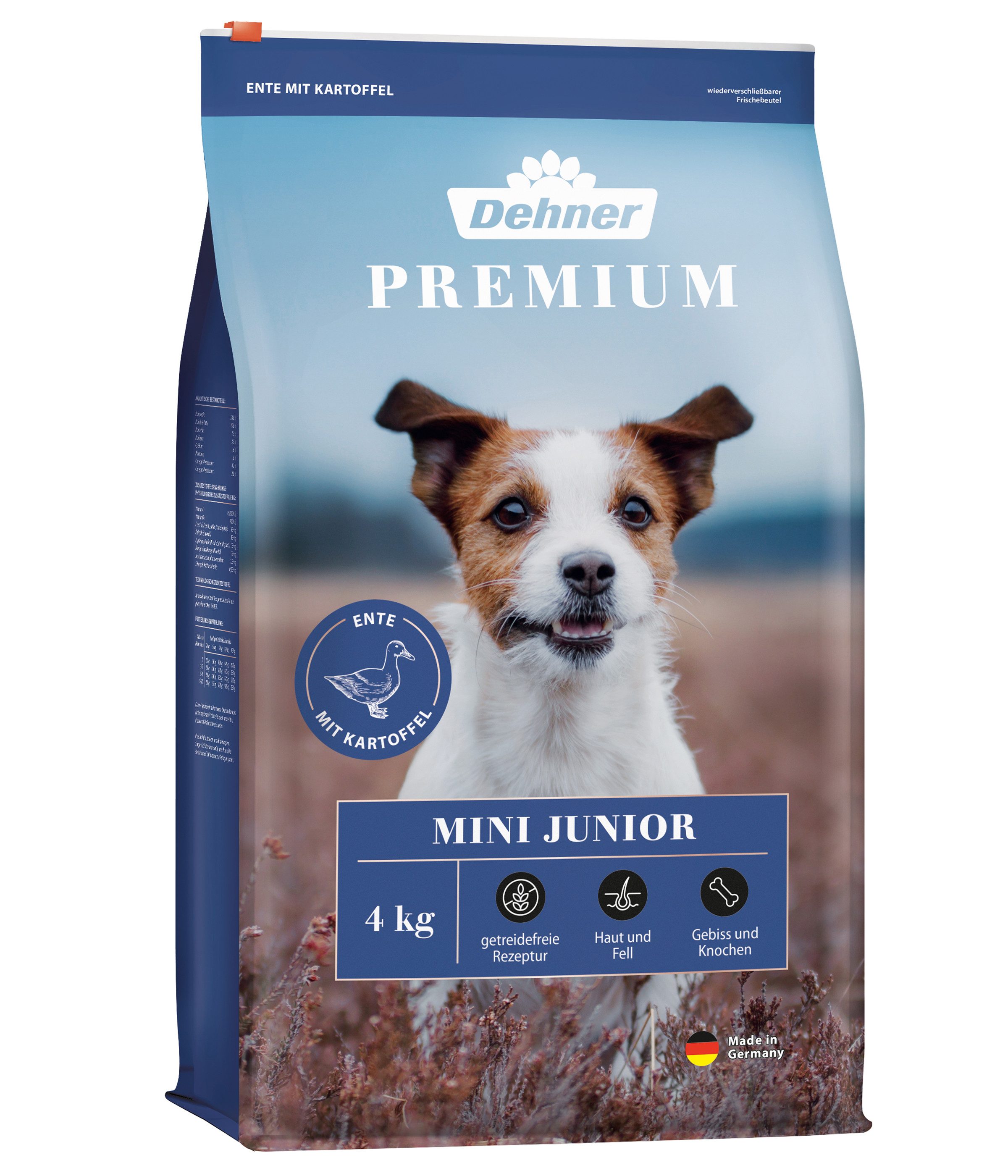 Dehner Premium Mini Junior Ente / Lamm / Kartoffel, 4 kg, getreidefrei Ente, Trockenfutter für: Hunde, Trockenfutter für Welpen und junge Hunde kleiner Rassen