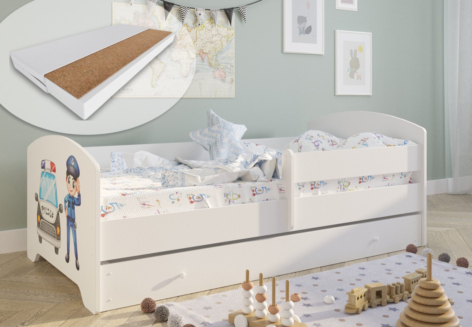 Kids Collective Kinderbett 70x140 / 80x160 cm Komplettset mit Matratze & Schublade (Bett für Jungen und Mädchen, Einzelbett für Kinder von 2 - 10 Jahren), komplettes Set mit Motiv für Jungen und Mädchen 80x160 cm