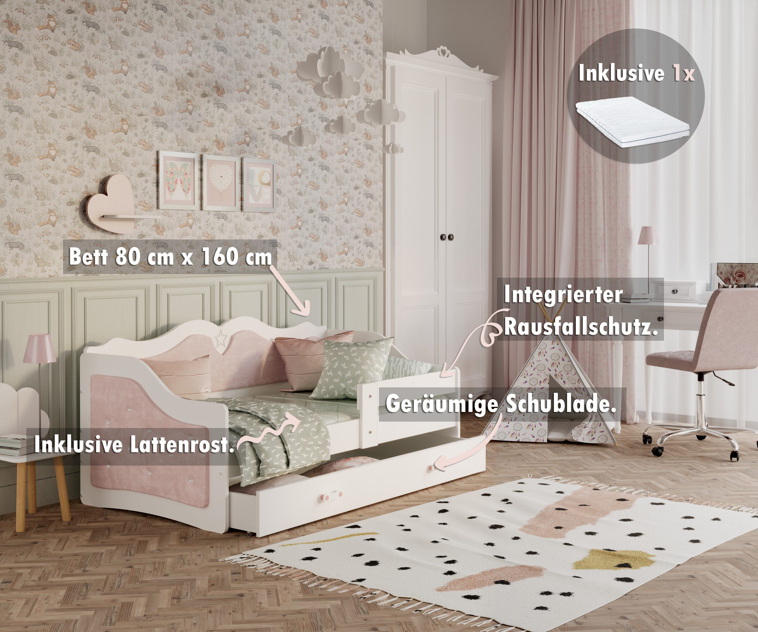 AJKmeble Kinderbett mit Polster, 80x160, 80x180cm günstig online kaufen