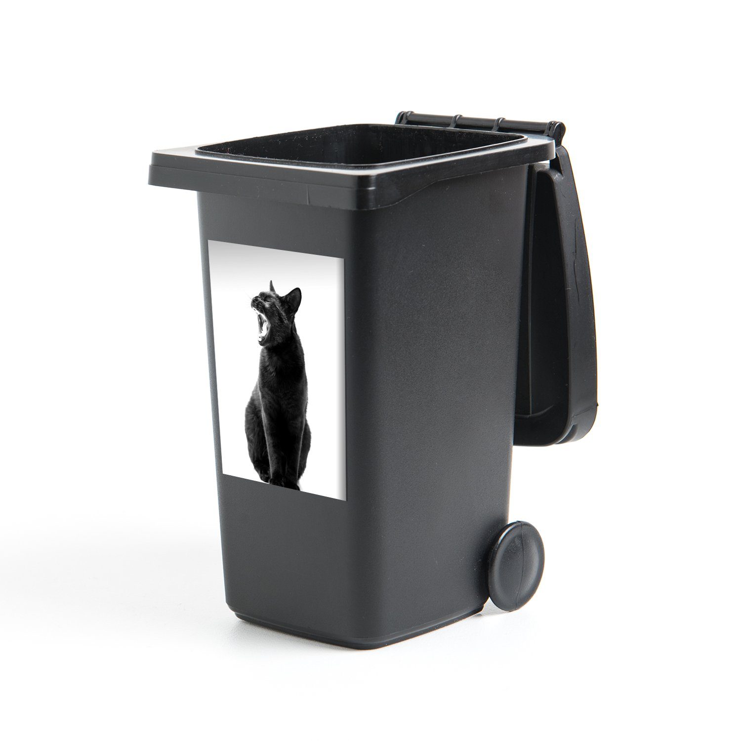 MuchoWow Wandsticker Gaping schwarze Katze - schwarz und weiß (1 St), Mülleimer-aufkleber, Mülltonne, Sticker, Container, Abfalbehälter