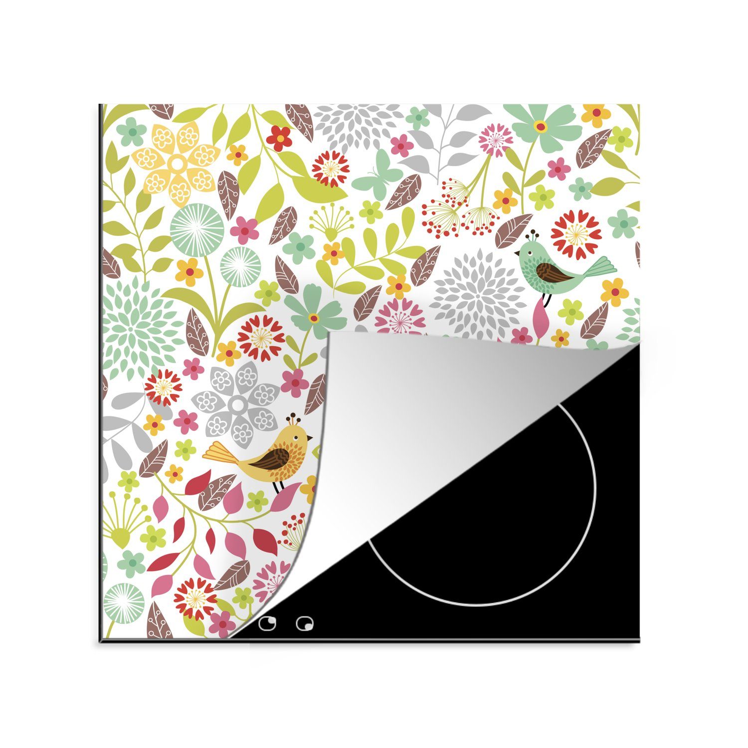 MuchoWow Herdblende-/Abdeckplatte Illustration eines Blumenmusters mit Vögeln, Vinyl, (1 tlg), 78x78 cm, Ceranfeldabdeckung, Arbeitsplatte für küche