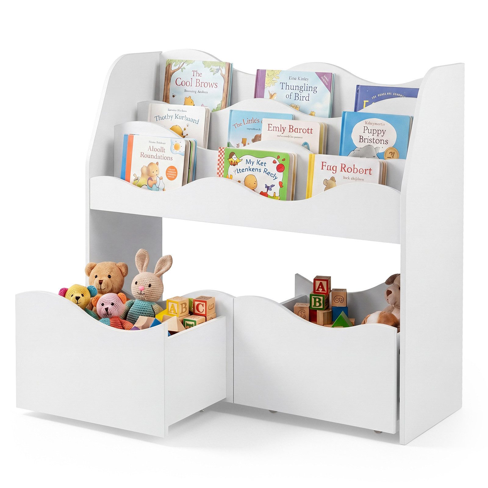COSTWAY Kinderregal, Bücherregal Kinder mit 2 Boxen auf Rollen