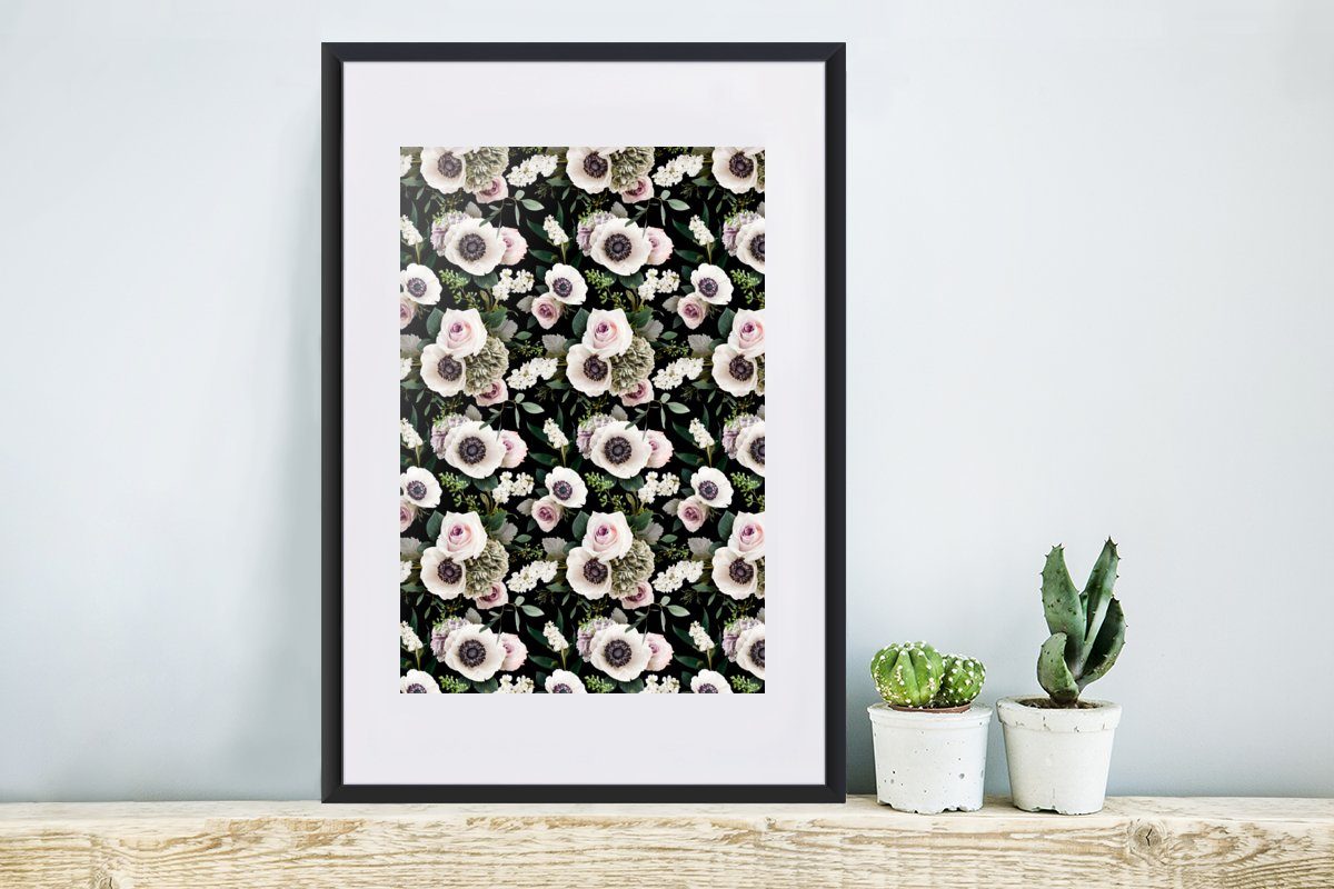 MuchoWow Poster Blumen - Anemone Poster, Gerahmtes mit Rahmen, Schwarzem St), Bilderrahmen Kunstdruck, - Collage, (1