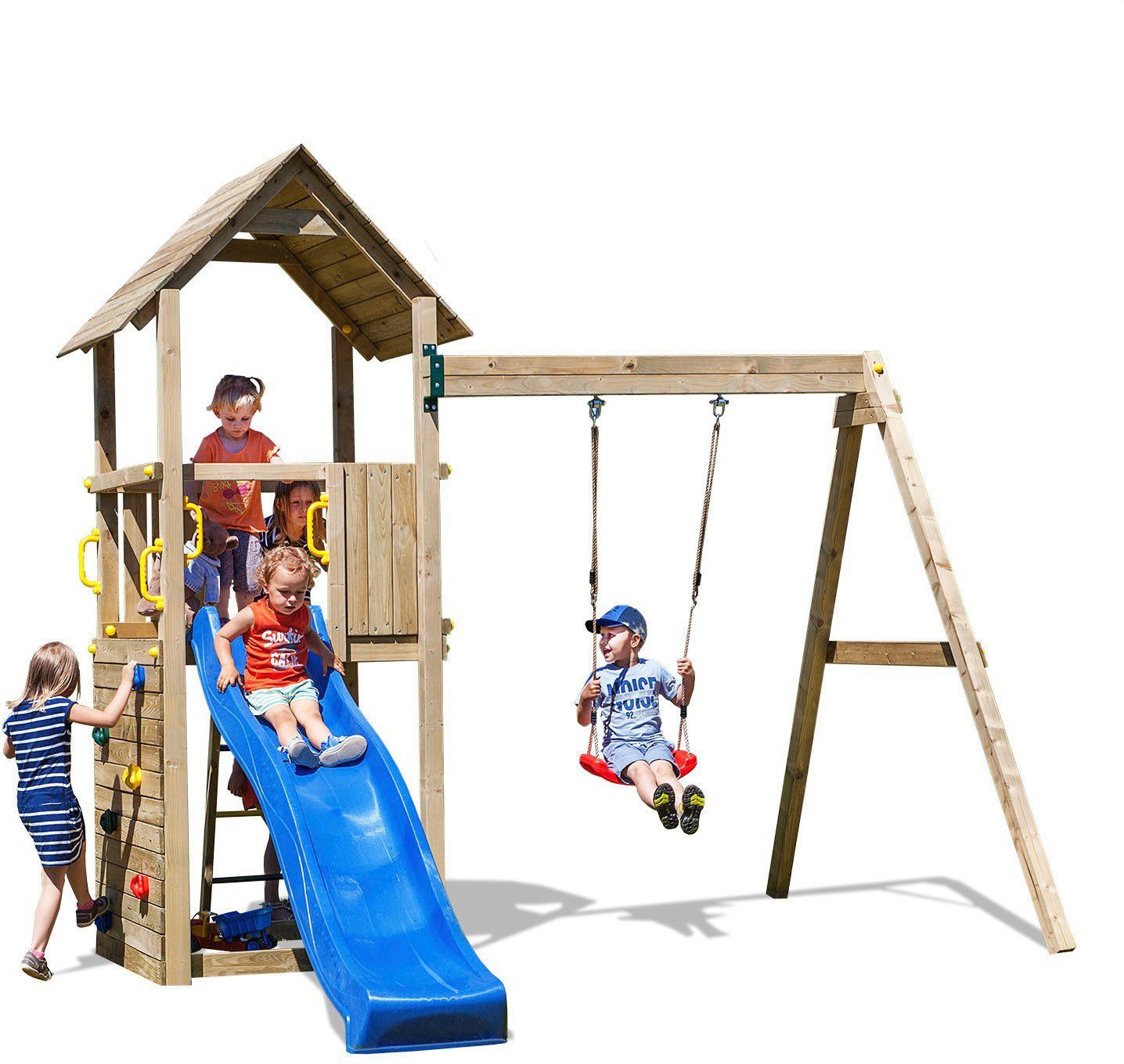 FUNGOO Spielturm CAROL 2, mit Schaukel & Rutsche, Kletterwand
