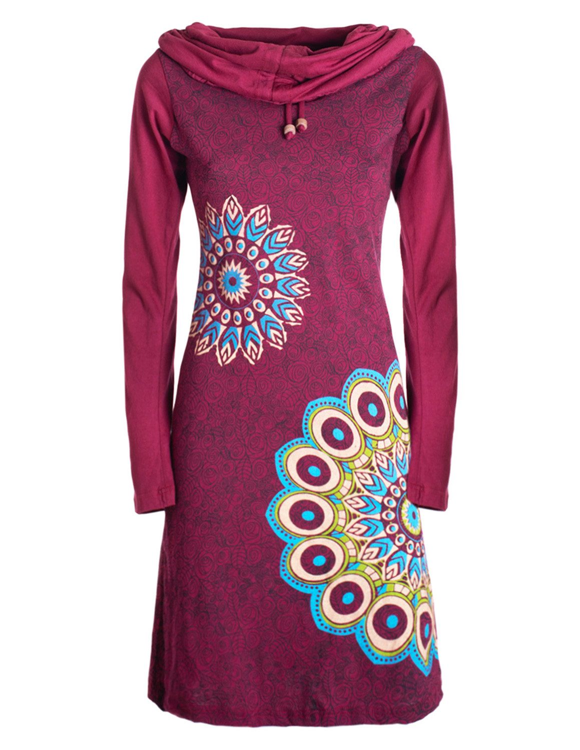 Tunikakleid Damen Mandala-Kleid Langarm-Shirtkleid Schal-Kragen Baumwollkleid