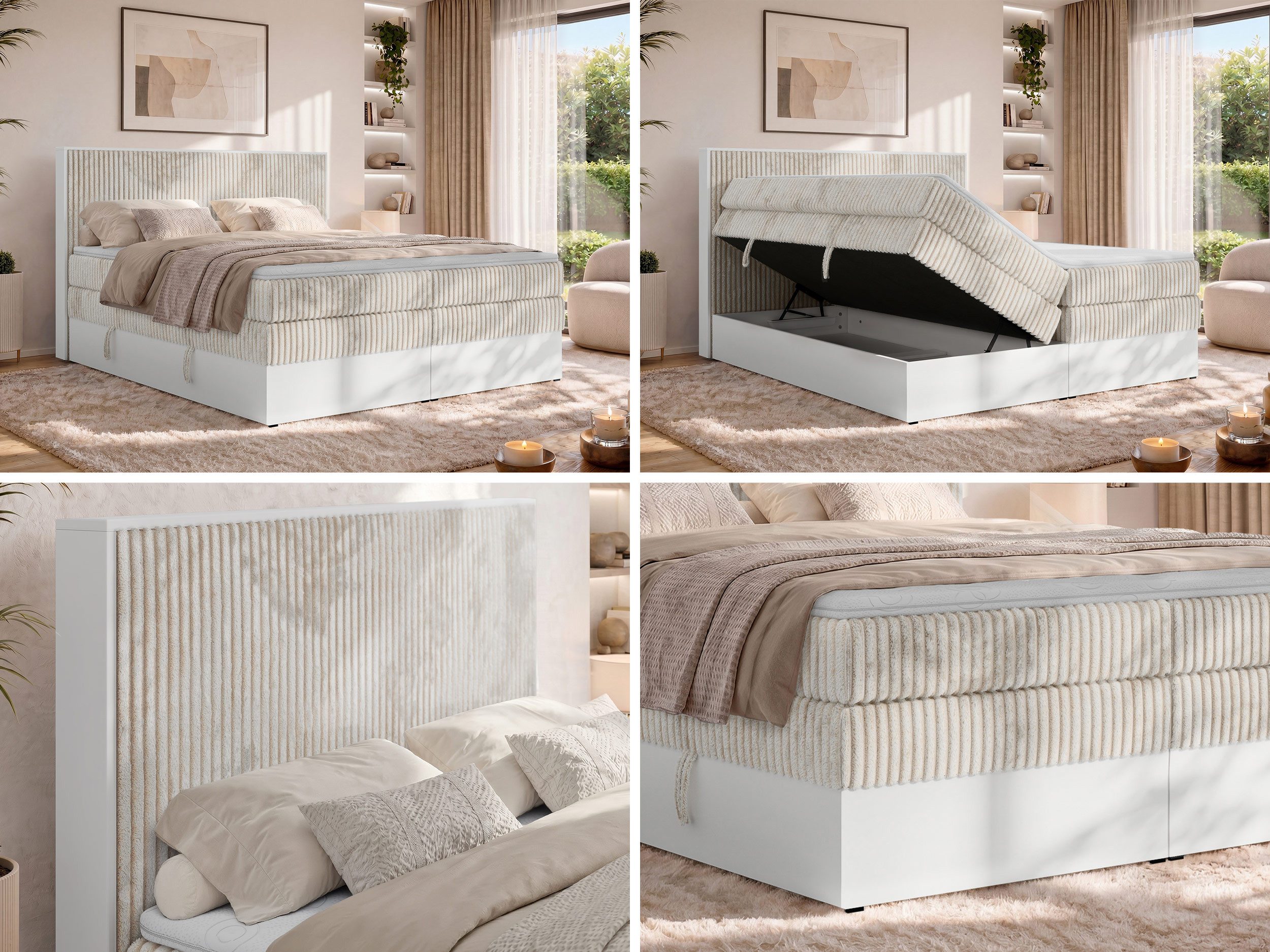 MKS MÖBEL Boxspringbett TRAVIT KING (mit Stauraum, Set, inkl. 2 Multipocket Matratzen und Topper (T25/Visco), Cord-Bezug), weiße Deko-Möbelplattenelementen, H3/H4, 140x200–200x200