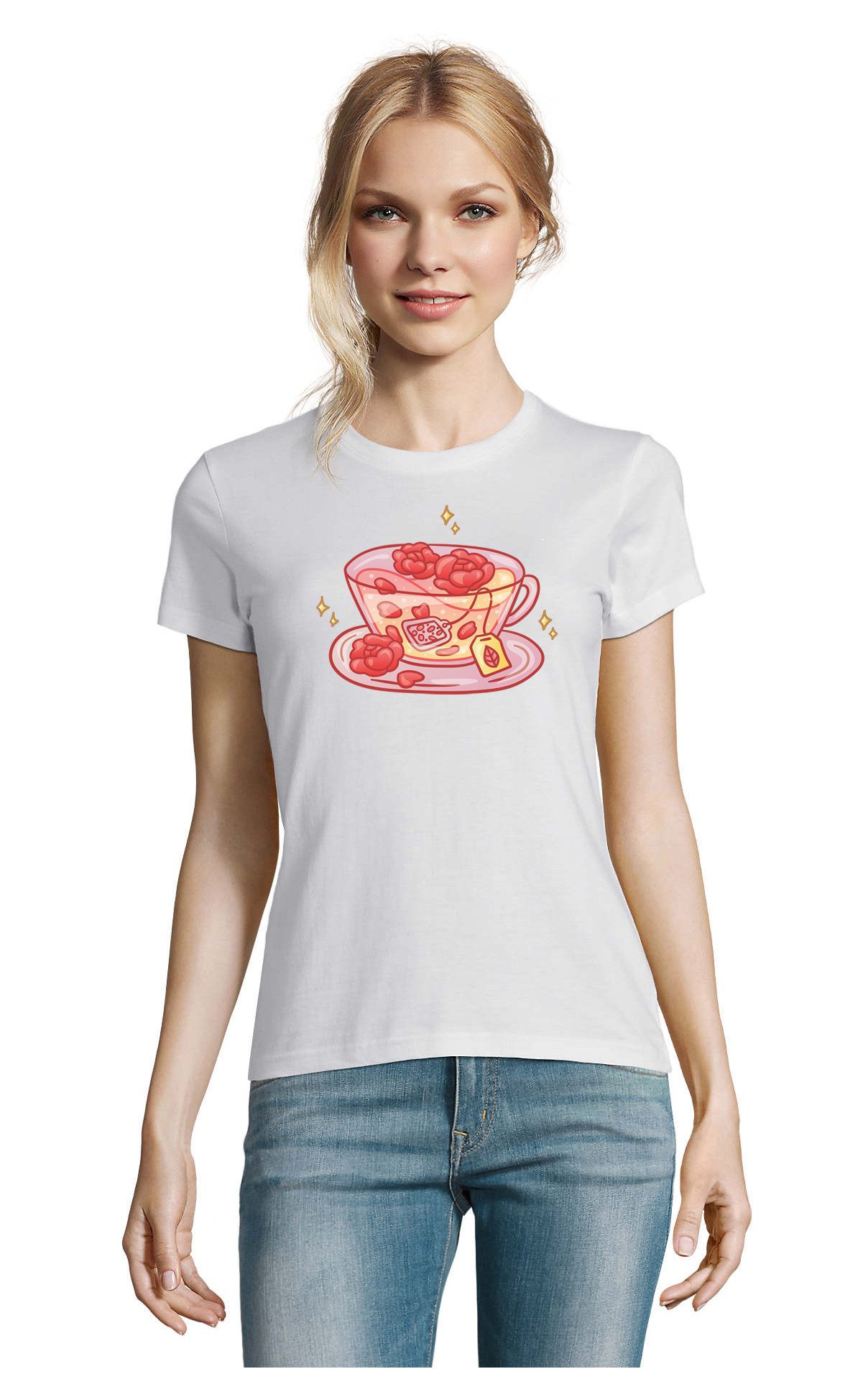 T-Shirt Süßes Rosen Tee Kaffee Genuss Tasse Büro Damen Shirt Motiv