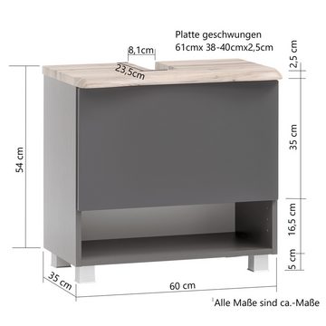 Lomadox Waschbeckenunterschrank KAHLA-03 graphit Abdeckplatte Eiche und Front anthrazit matt 61/54/40 cm