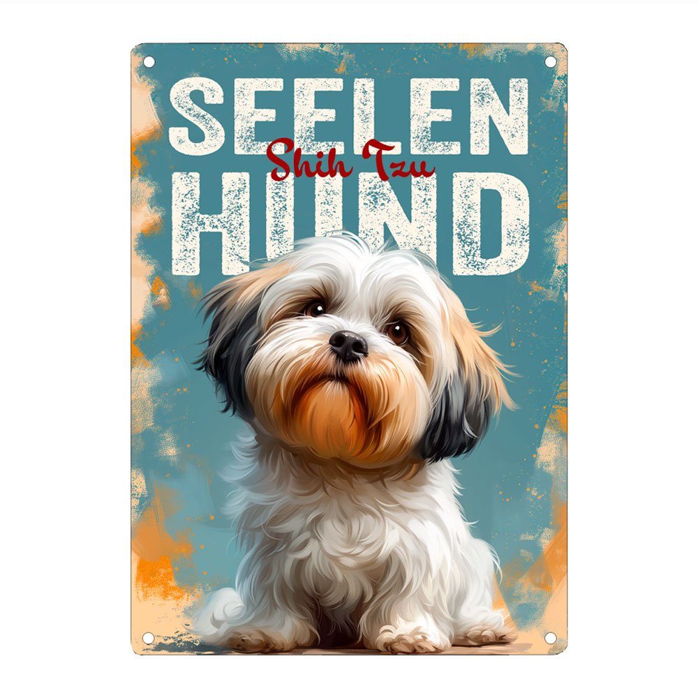 Cadouri Metallschild Hundeschild SEELENHUND SHIH TZU - Dekoschild mit Hundemotiv, (1 St., Wandschild mit vier vorgebohrten Löchern & abgerundeten Ecken), UV-beständig, 28,5 x 20 cm, Geschenk für Hundebesitzer
