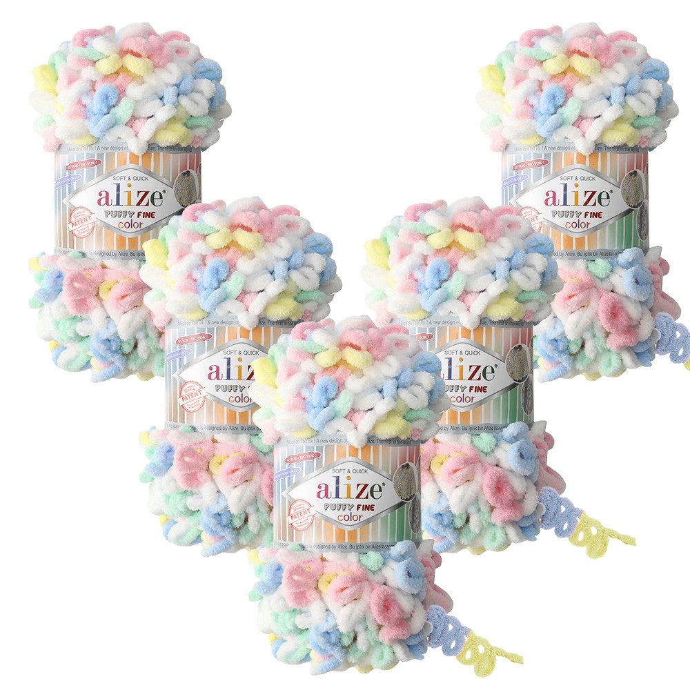 Alize 5 x ALIZE Puffy Fine Color Häkelwolle, 14,6 m (500 Meter), Deckengarn, Fingerstrick-Wolle,Chenillegarn, Kuschelweich, Babywolle