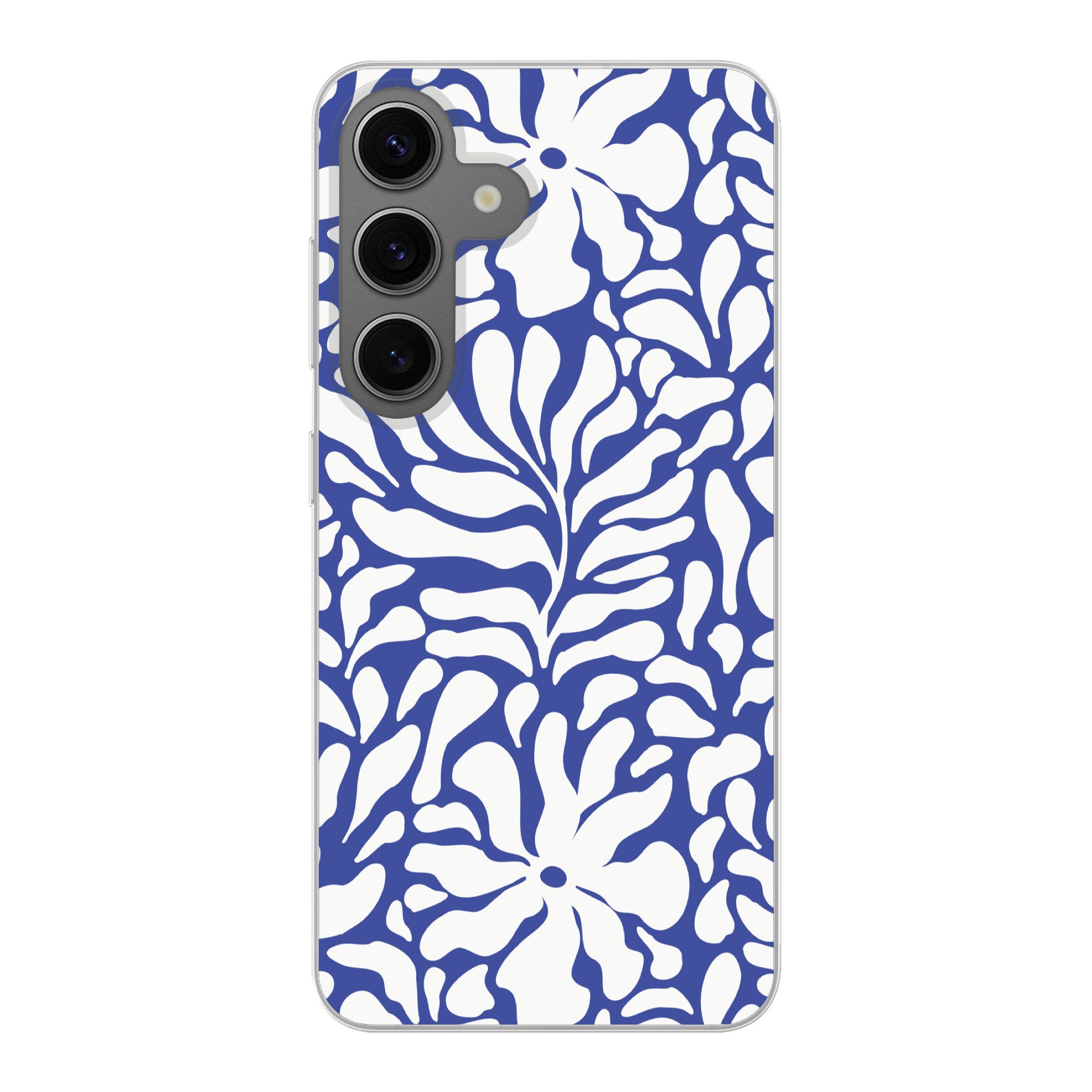 Handyhülle für Samsung Galaxy S24 Blumenmuster - Blau - Weiß - Blätter