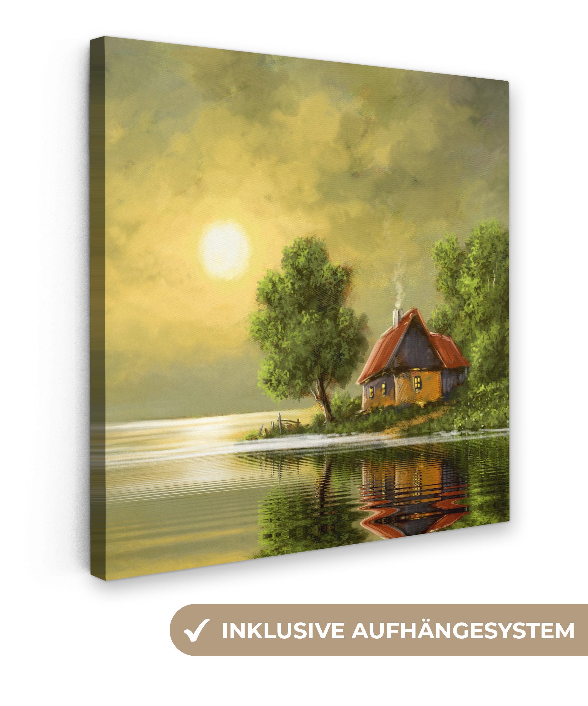 OneMillionCanvasses® Leinwandbild Kunstdrucke - Ölfarbe - Haus - Natur - Wasser, Fotodruck (1 St), Leinwand Bilder, Zimmer Wand Bild Dekoration 50x50 cm