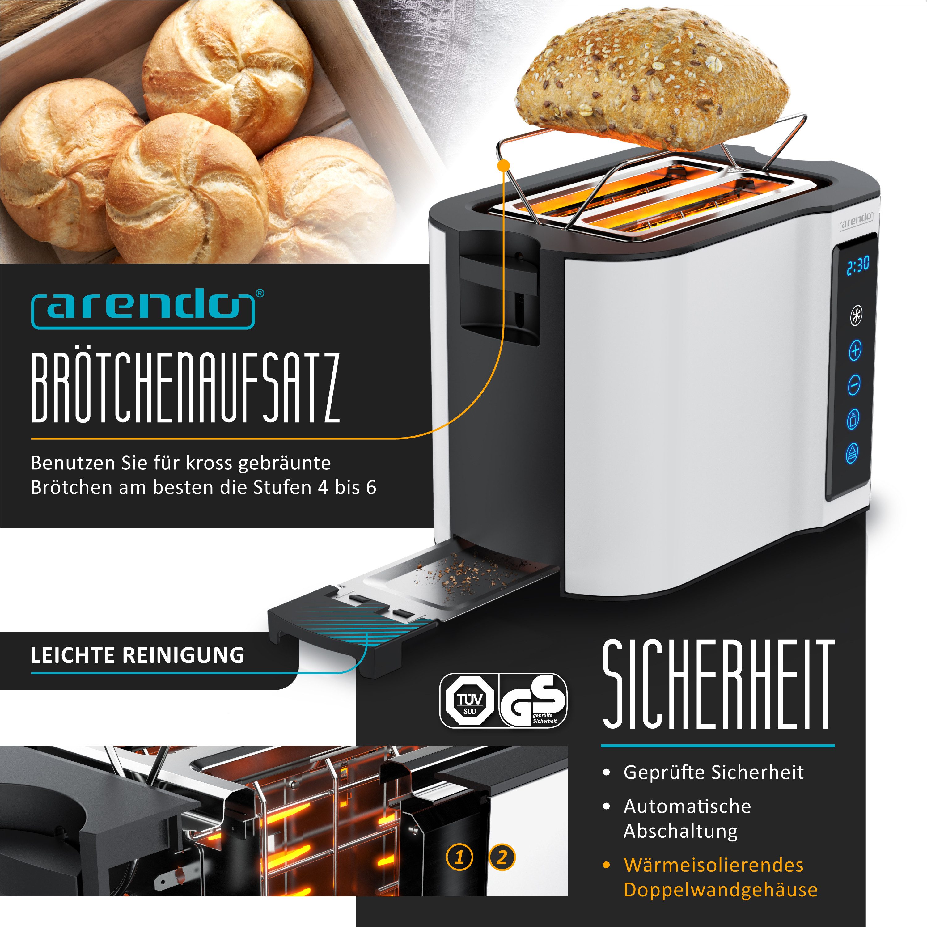 Arendo Frühstücks-Set Edelstahl Wasserkocher 1,5l, 2-Scheiben Kurzschlitz Toaster, weiß (2-tlg), Wasserkocher mit Temperatureinstellung, Toaster Brötchenaufsatz – Bild 4 von 5