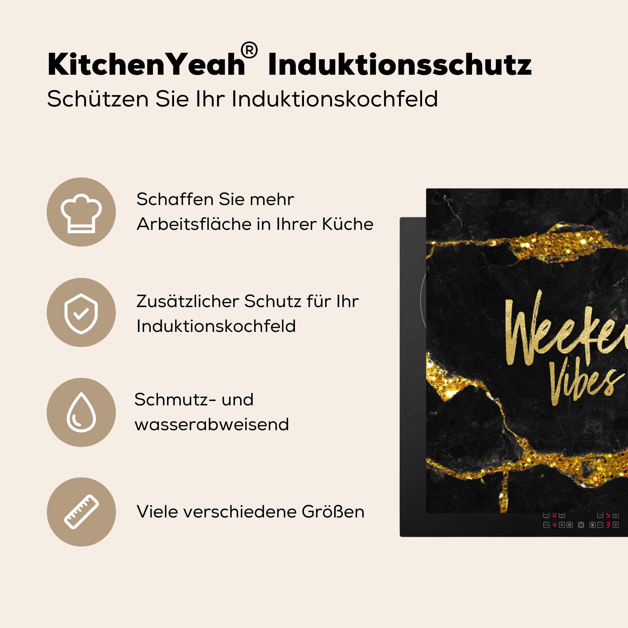 Vinyl, - Zitate für - tlg), - 78x78 Arbeitsplatte Herdblende-/Abdeckplatte Gold MuchoWow Wochenende küche Ceranfeldabdeckung, Glitzer, (1 cm,