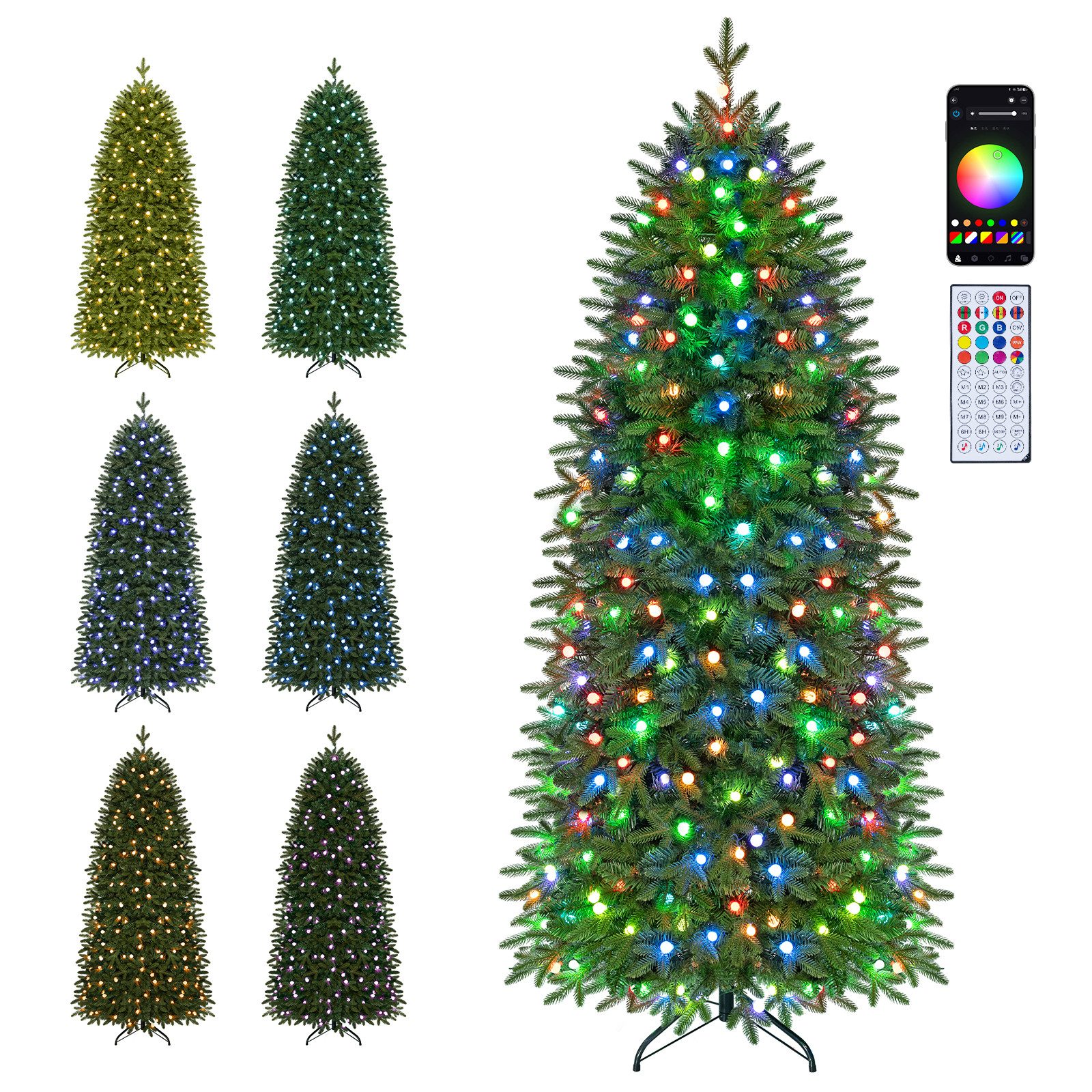 COSTWAY Künstlicher Weihnachtsbaum 225/190 cmBleistift Weihnachtsbaum mit mehrfarbige LED-Leuchten
