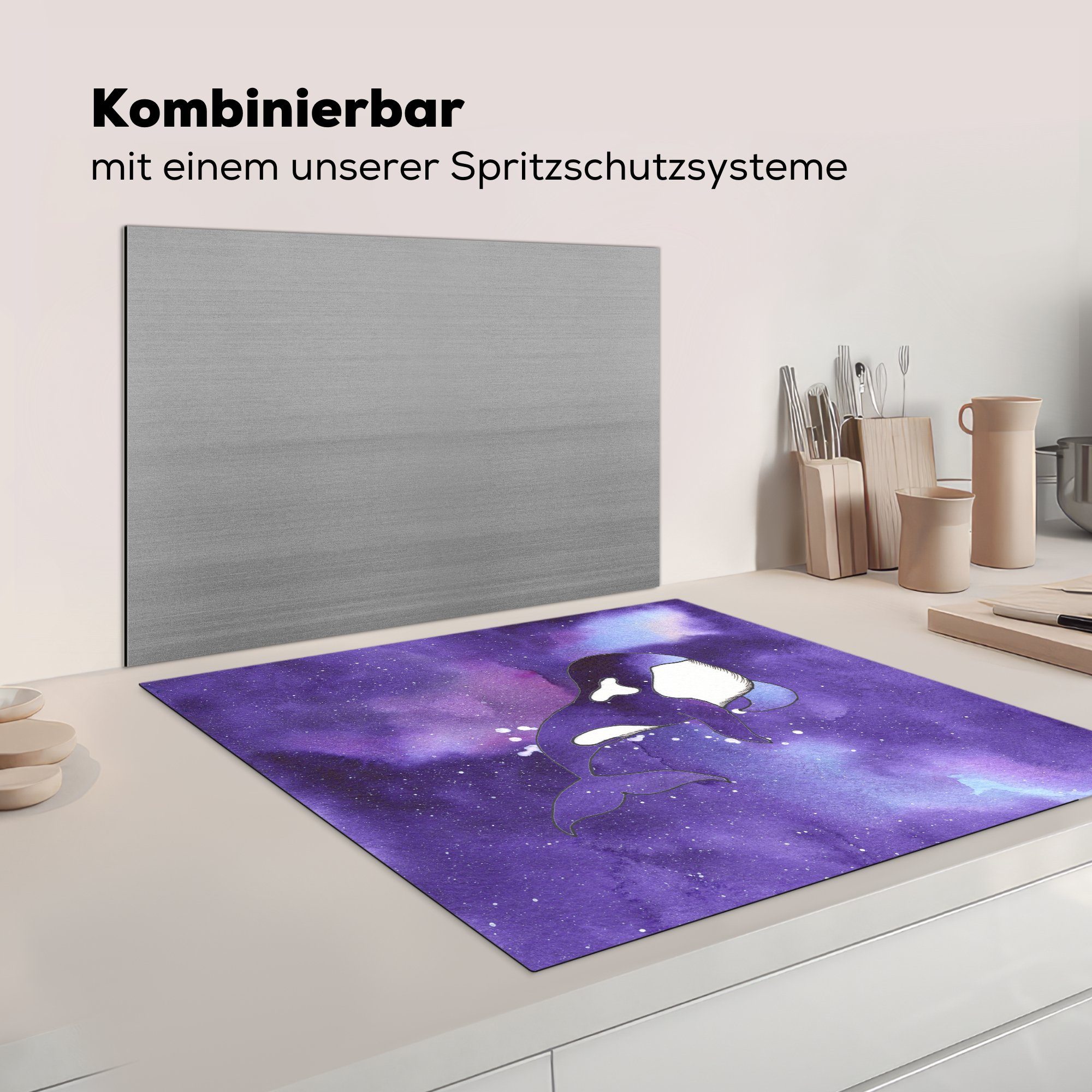 Herdblende-/Abdeckplatte - Lila, Arbeitsplatte MuchoWow Ceranfeldabdeckung, cm, - (1 tlg), Meer Vinyl, für 78x78 küche Orca - Farbe