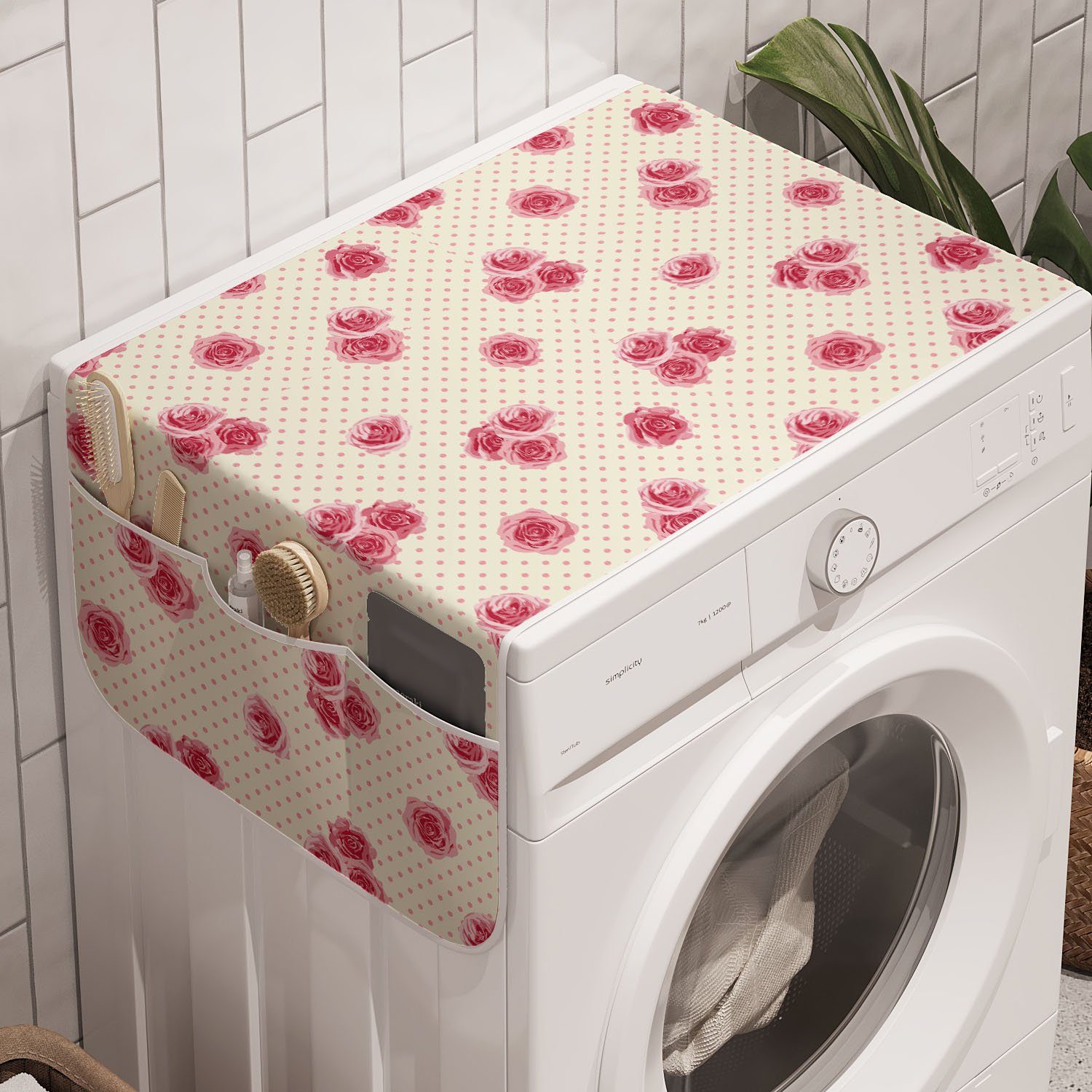 Abakuhaus Badorganizer Anti-Rutsch-Stoffabdeckung für Waschmaschine Rosen-Blüten Tupfen Trockner, und Retro auf