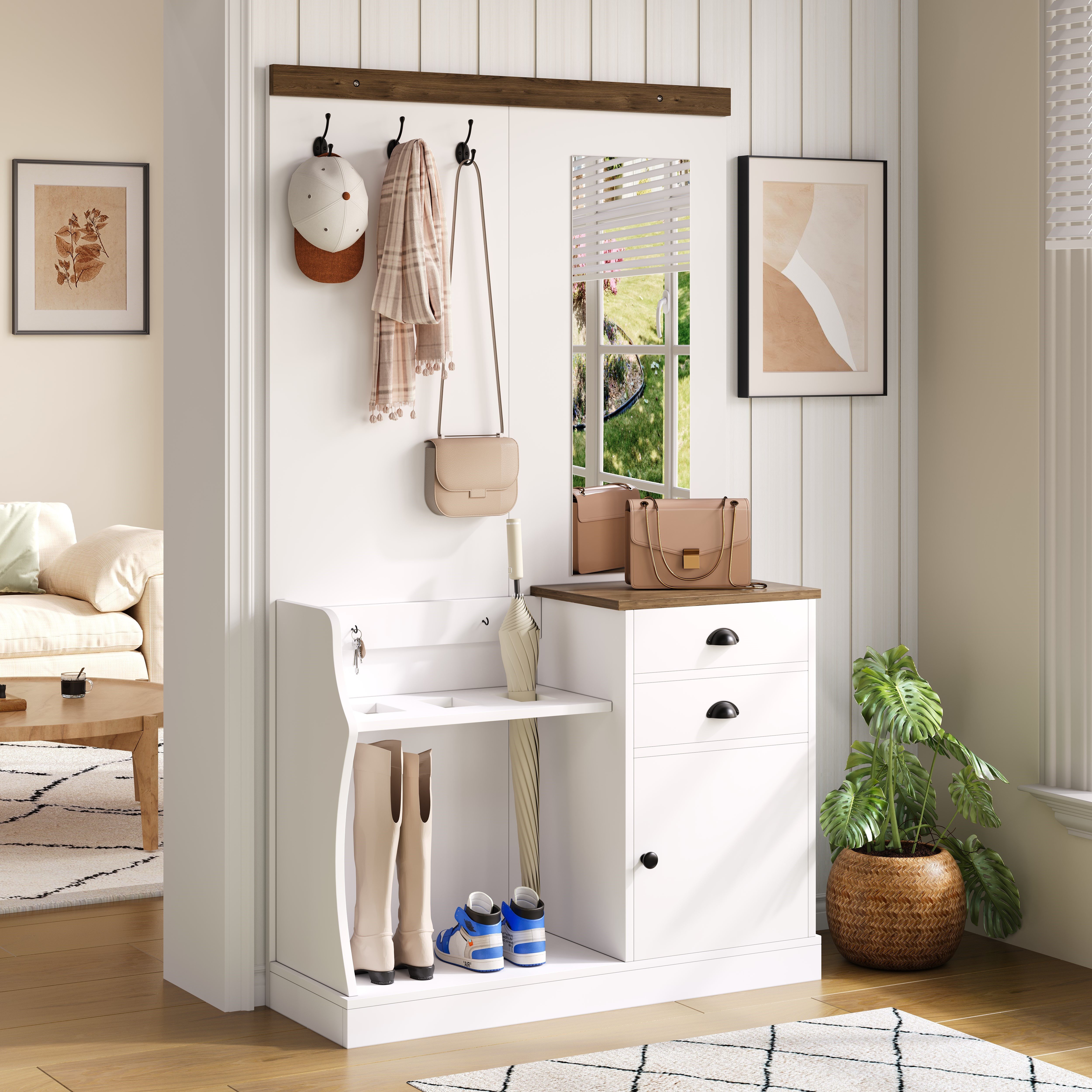 Merax Garderoben-Set mit Spiegel in Holz und Weiß, (Flurgarderoben Set Scandi Flurschrank, 1-St., 110,5 L x 38 B x 191 H (cm), Kompaktgarderobe mit Schubladen, Tür, Haken, Schirm- & Schuhablage