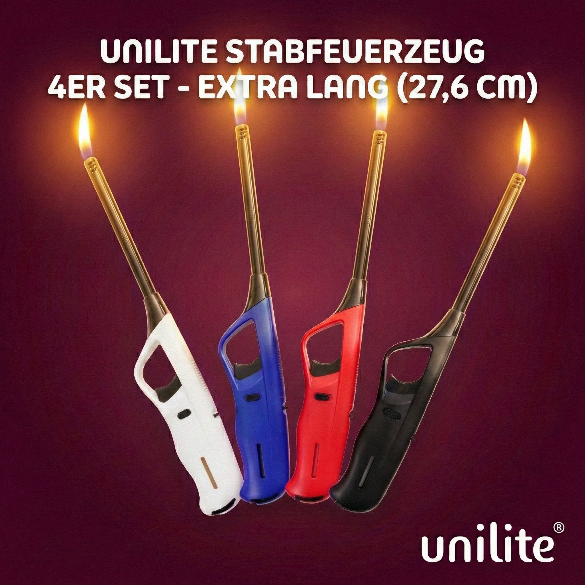 Unilite Feuerzeuge Stabfeuerzeuge 4er Set, befüllt & nachfüllbar (4-St), 27,6 cm Länge, Fester Stab, Soft-Flame